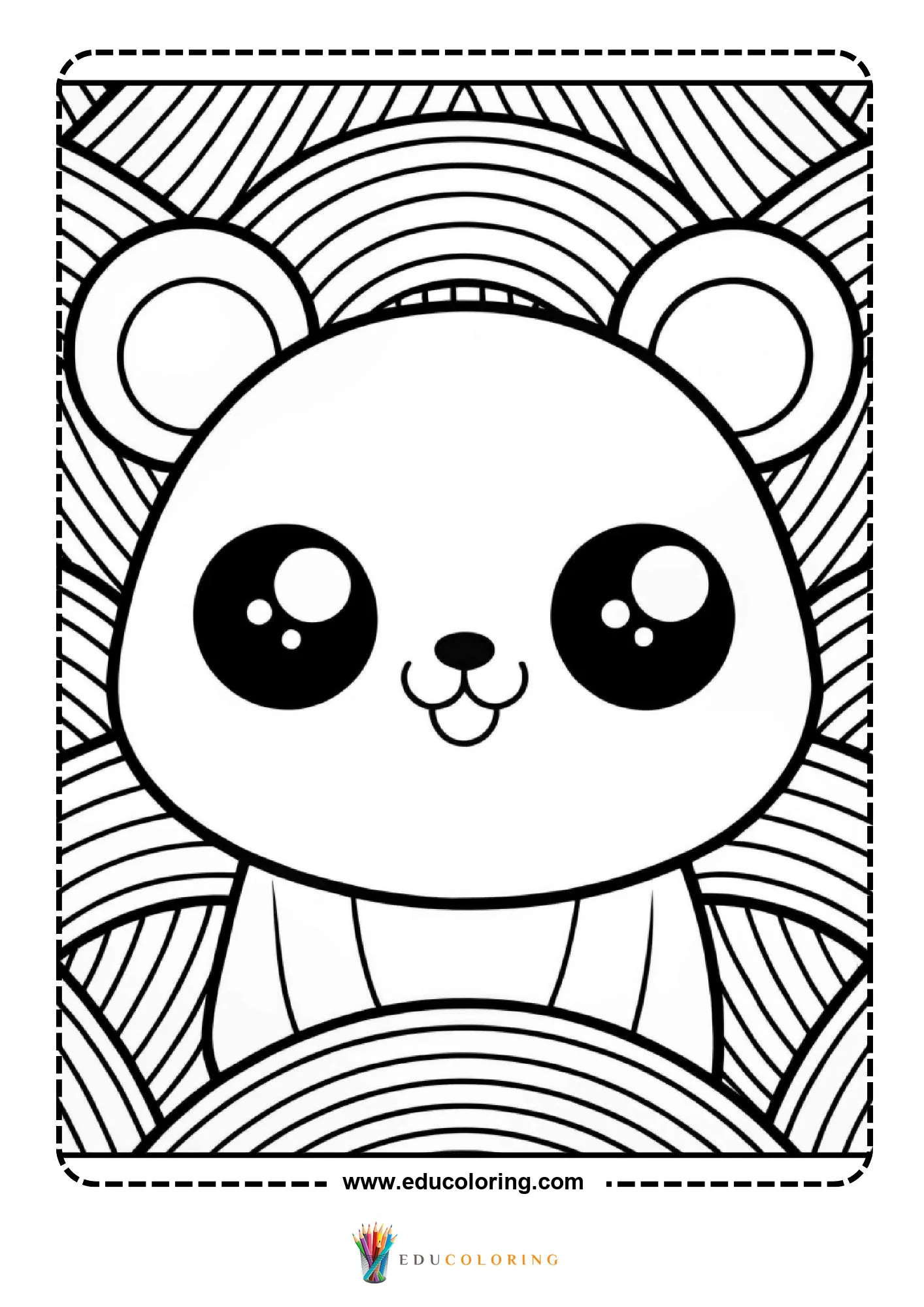 Kawaii panda face with wave arc rainbow background