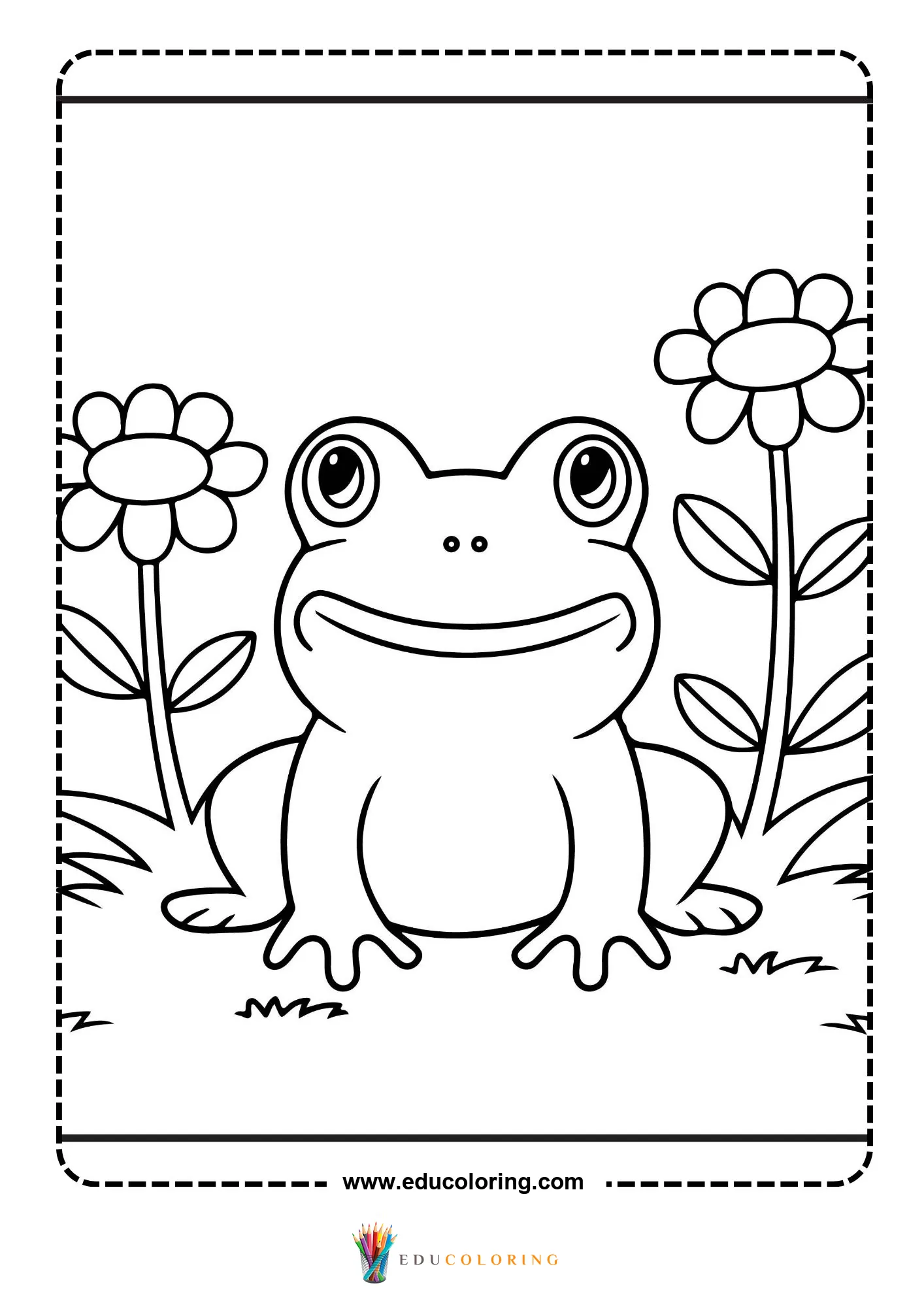 Smiling frog sitting between two flowers in garden