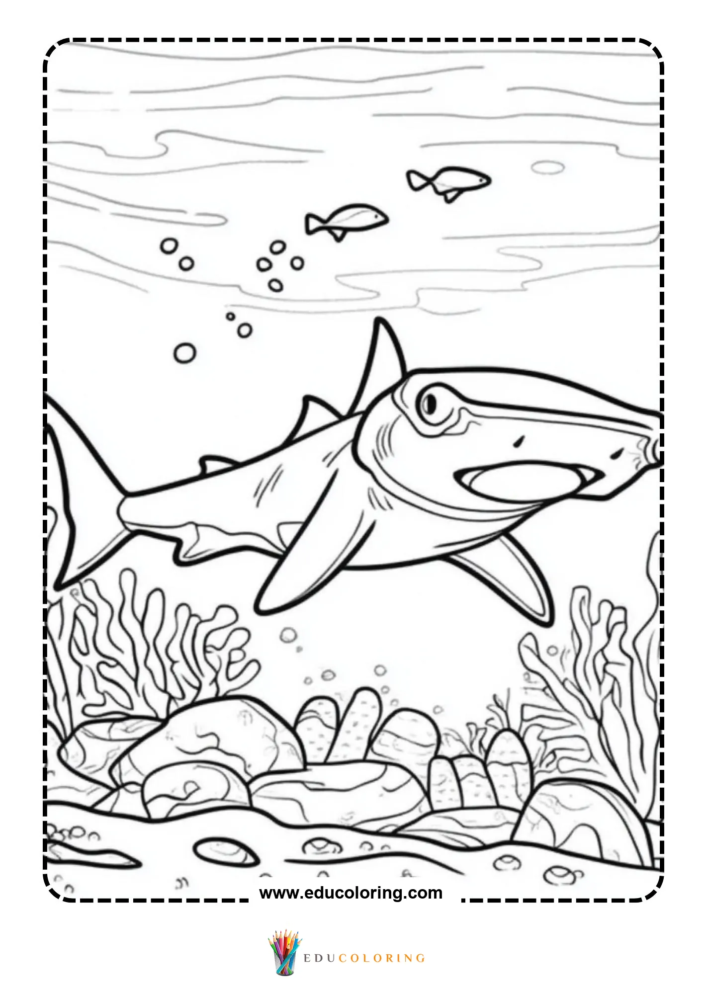 Shark swimming over coral reef floor with small fish above