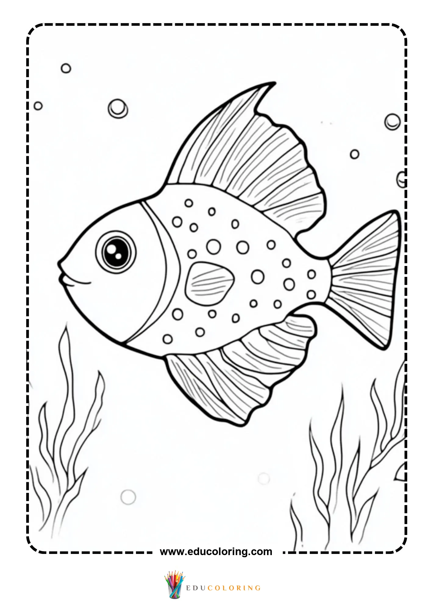 Spotted fish with large fins swimming near seaweed with bubbles