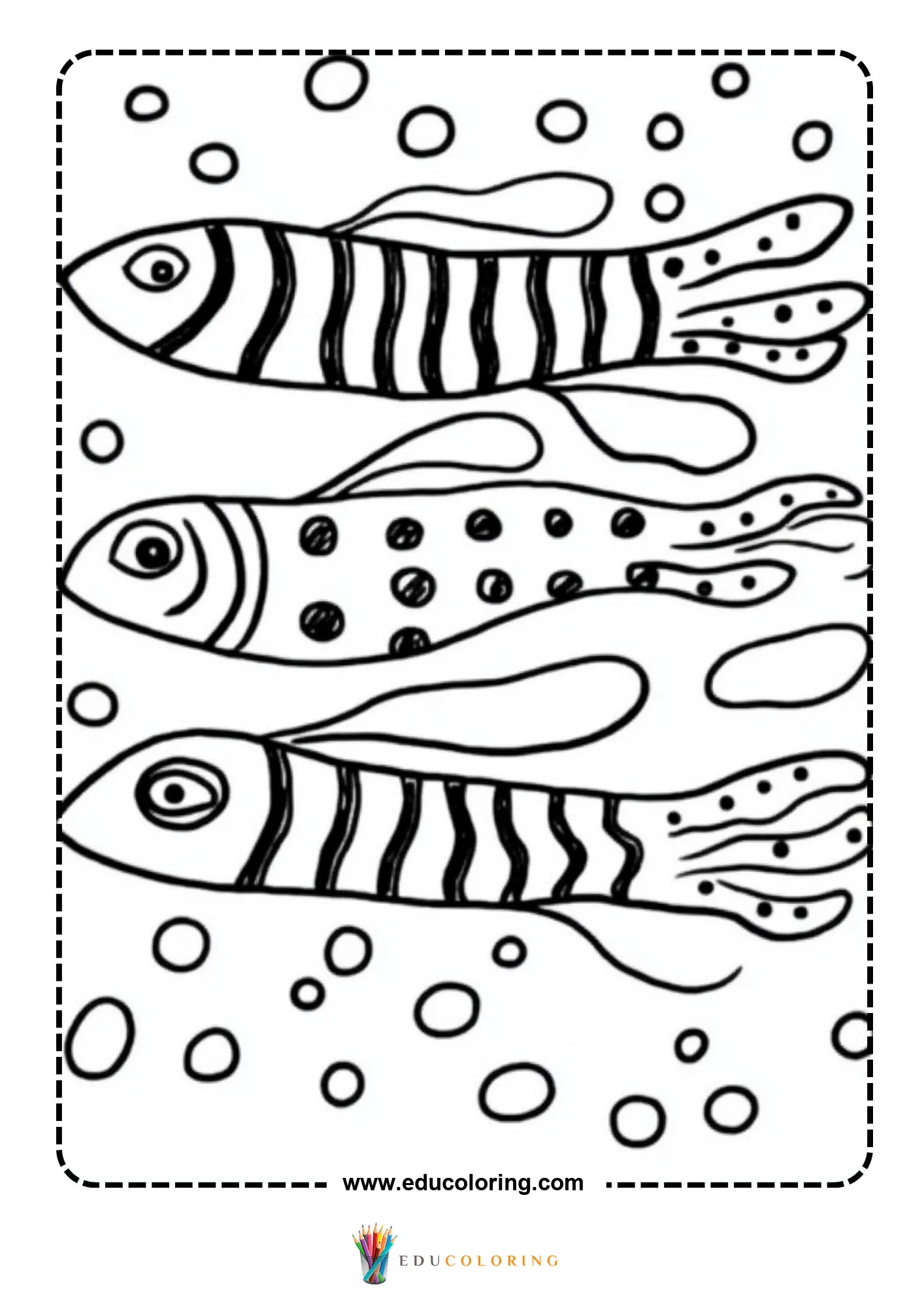 Three differently patterned fish swimming with bubbles