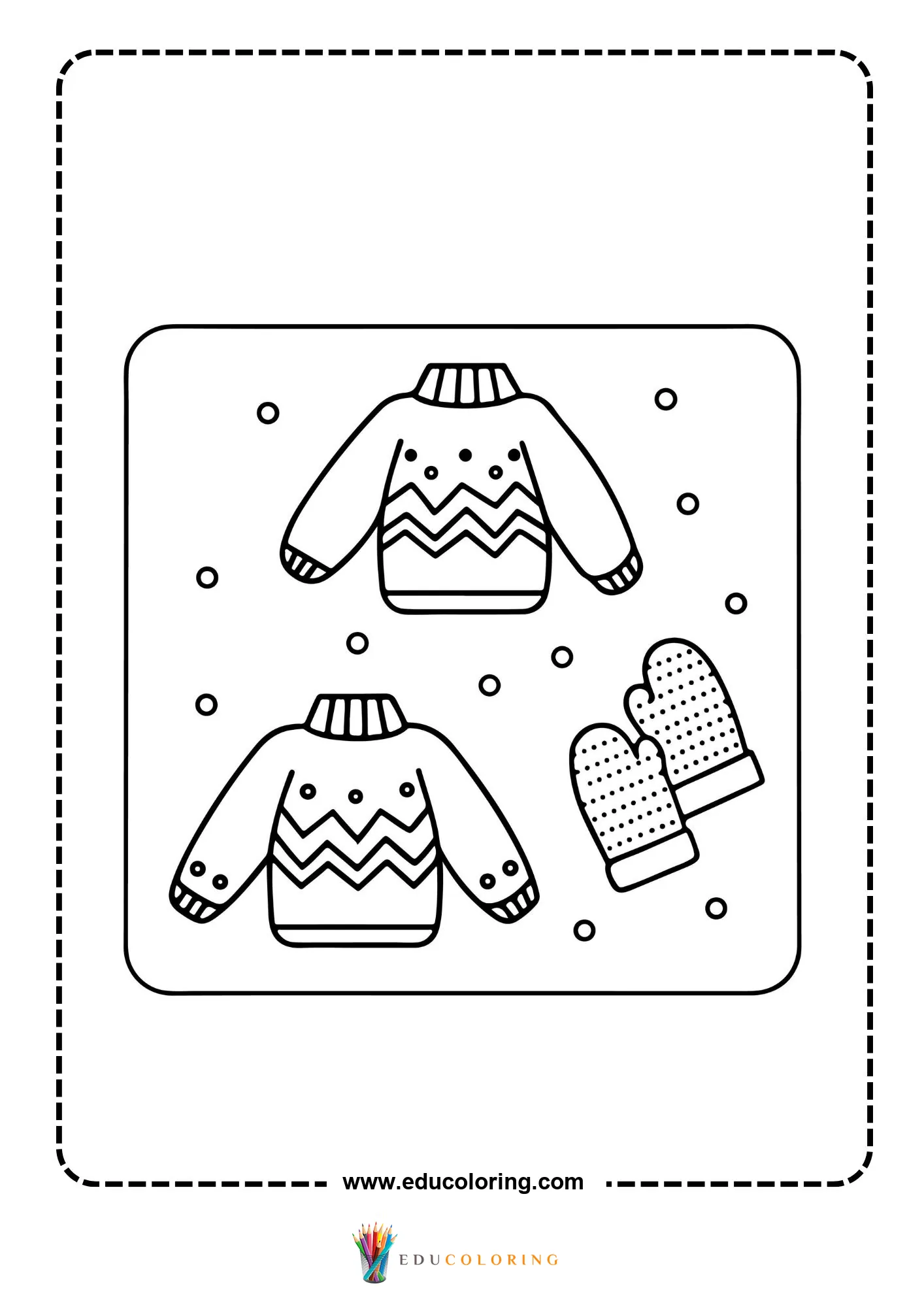 Two zigzag patterned sweaters and spotted mittens with snowflakes