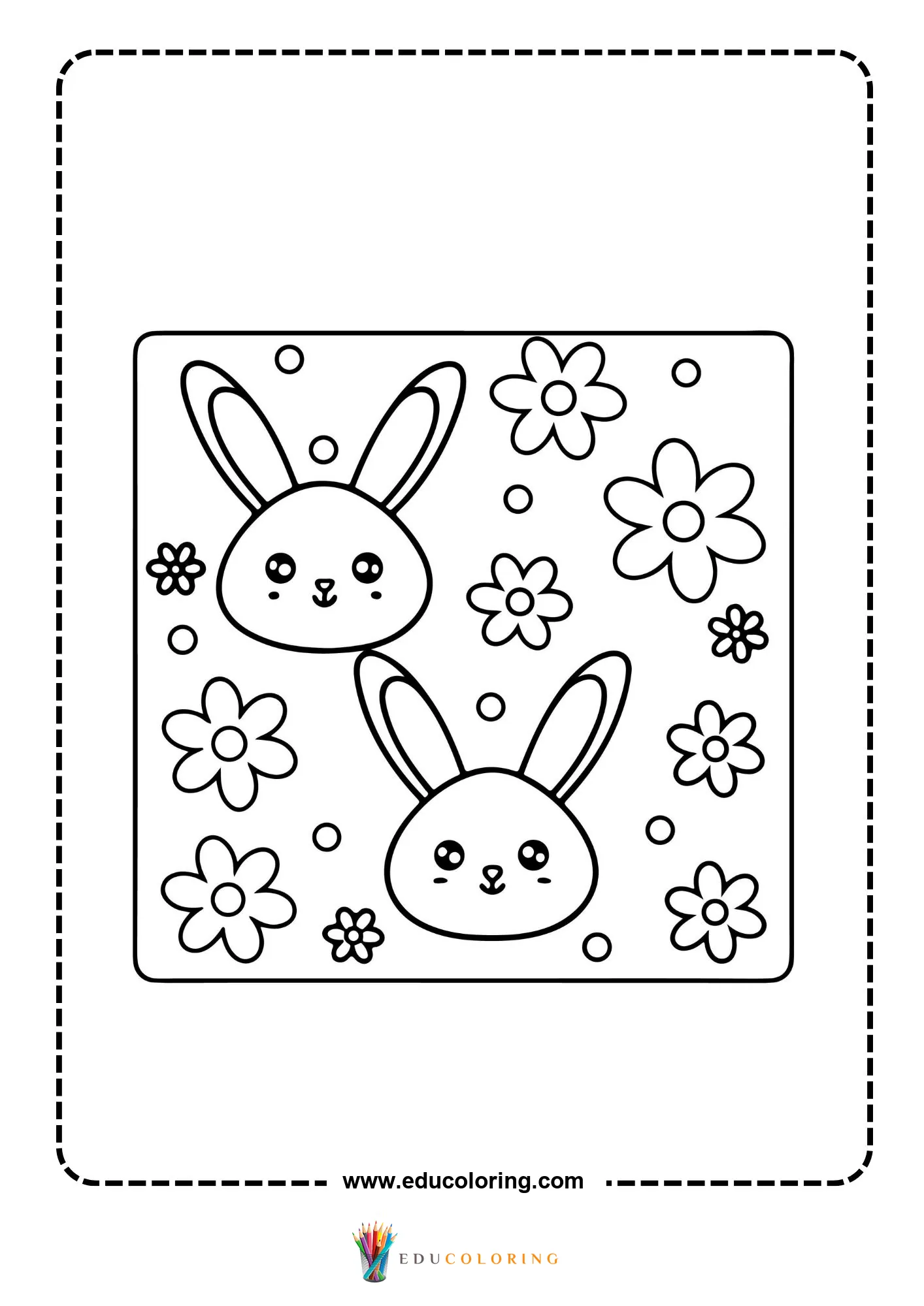 Two kawaii bunny faces surrounded by daisy flowers