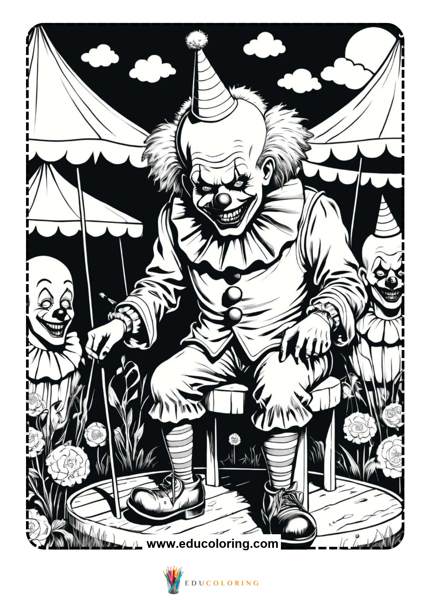 Scary clown in party hat crouching on platform at dark carnival