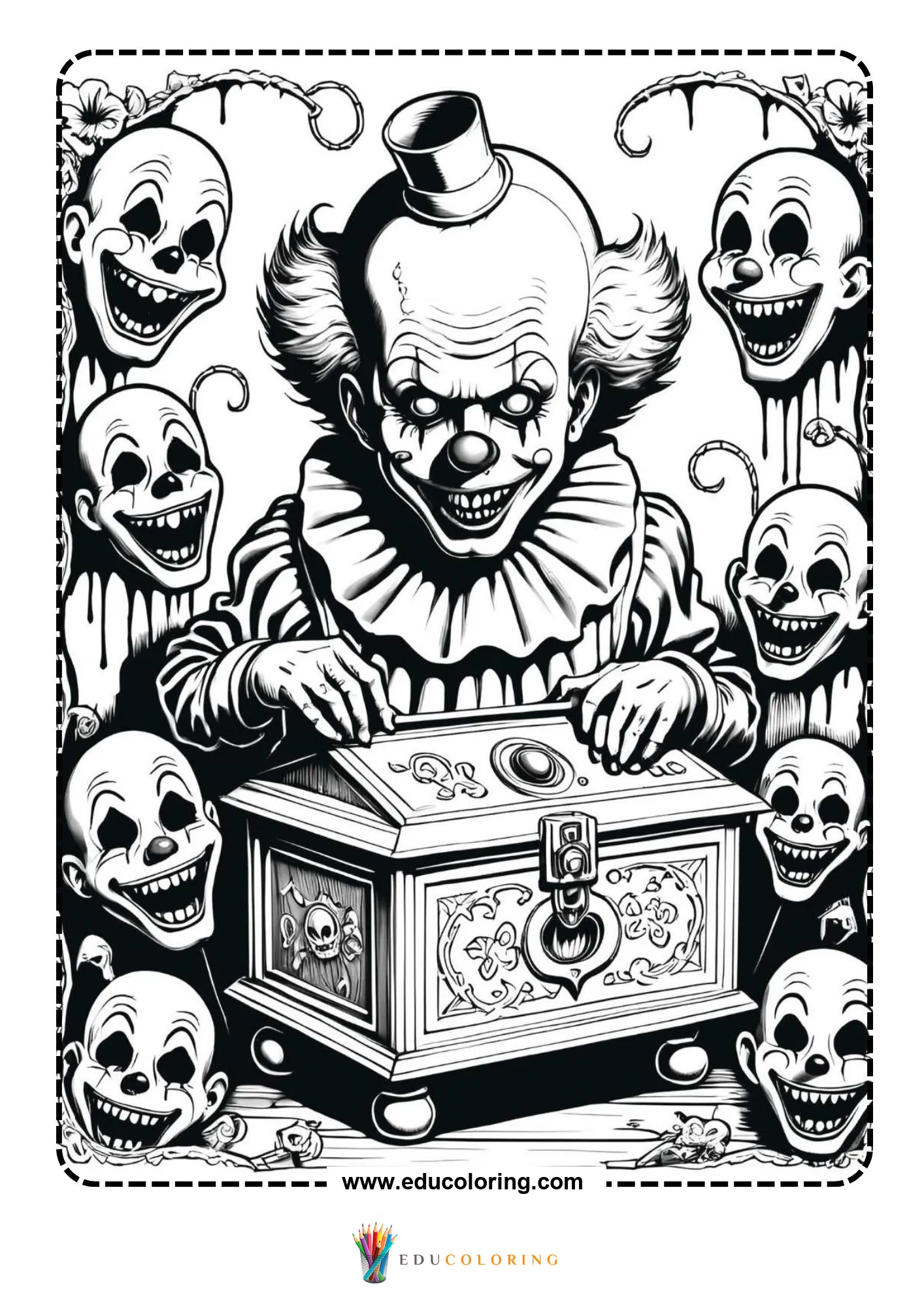 Scary clown in top hat opening ornate music box surrounded by floating faces
