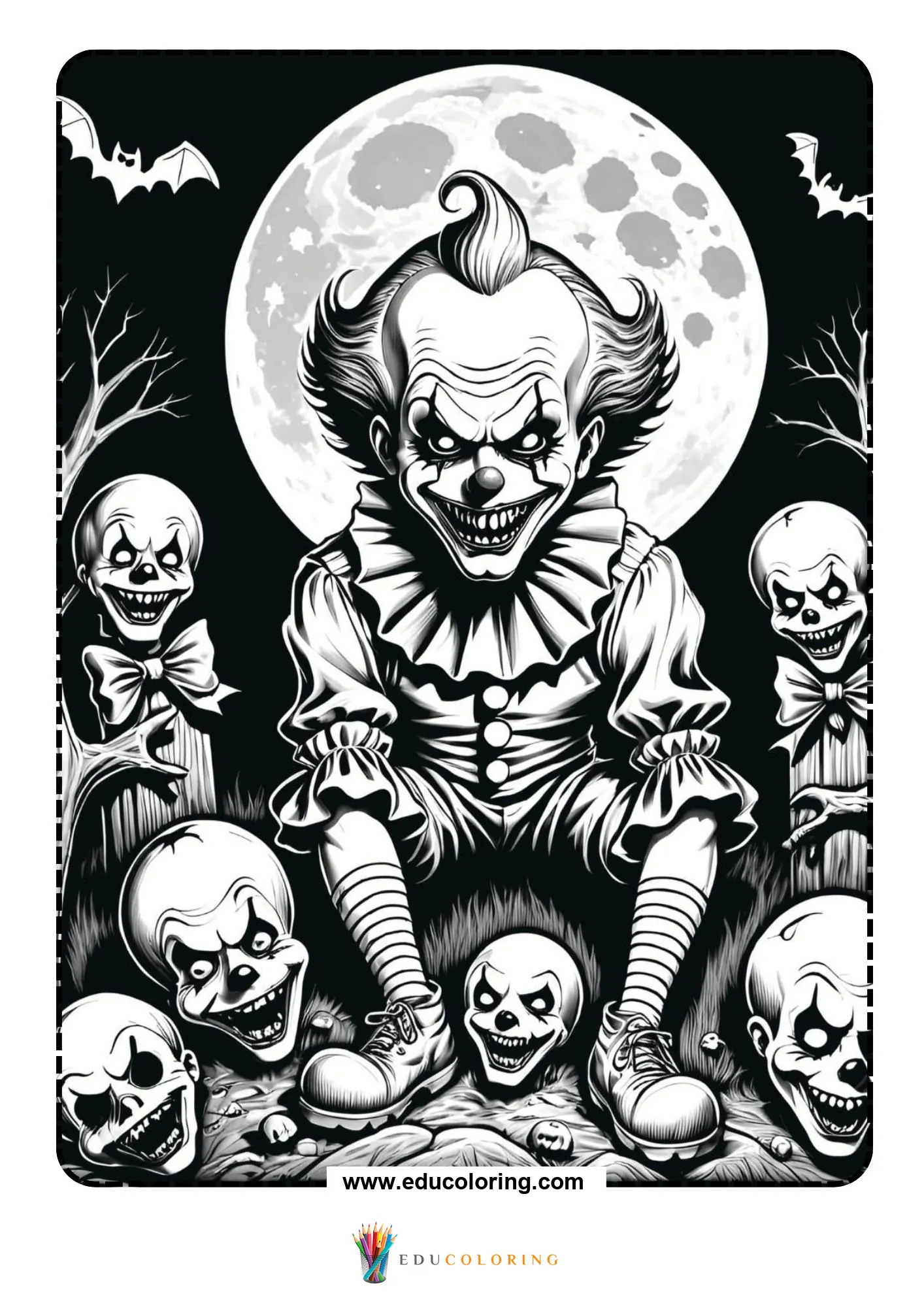 Scary clown seated before giant full moon flanked by clown heads