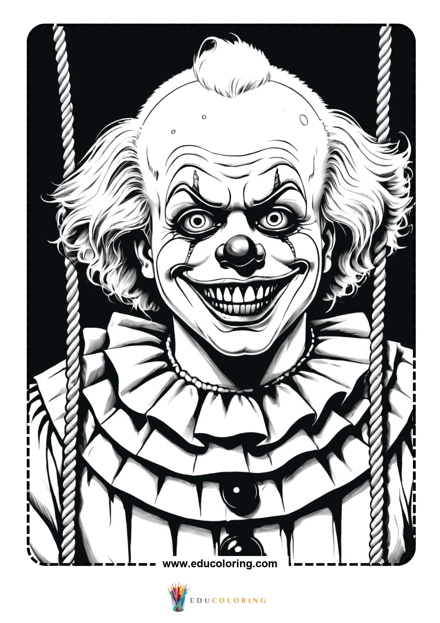 Close-up scary clown face with wide grin hanging from ropes