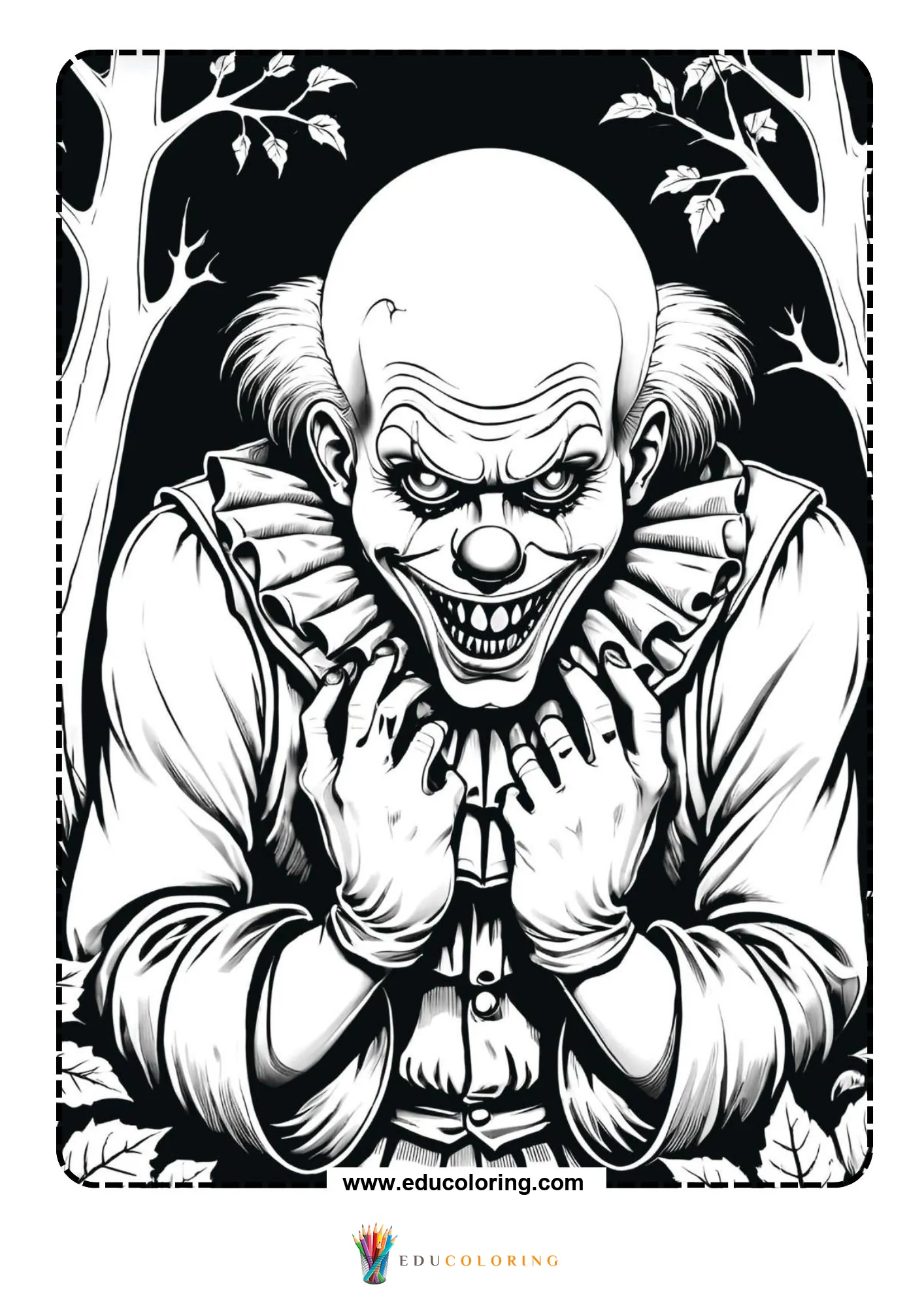 Bald scary clown crouching with clasped hands before dark trees