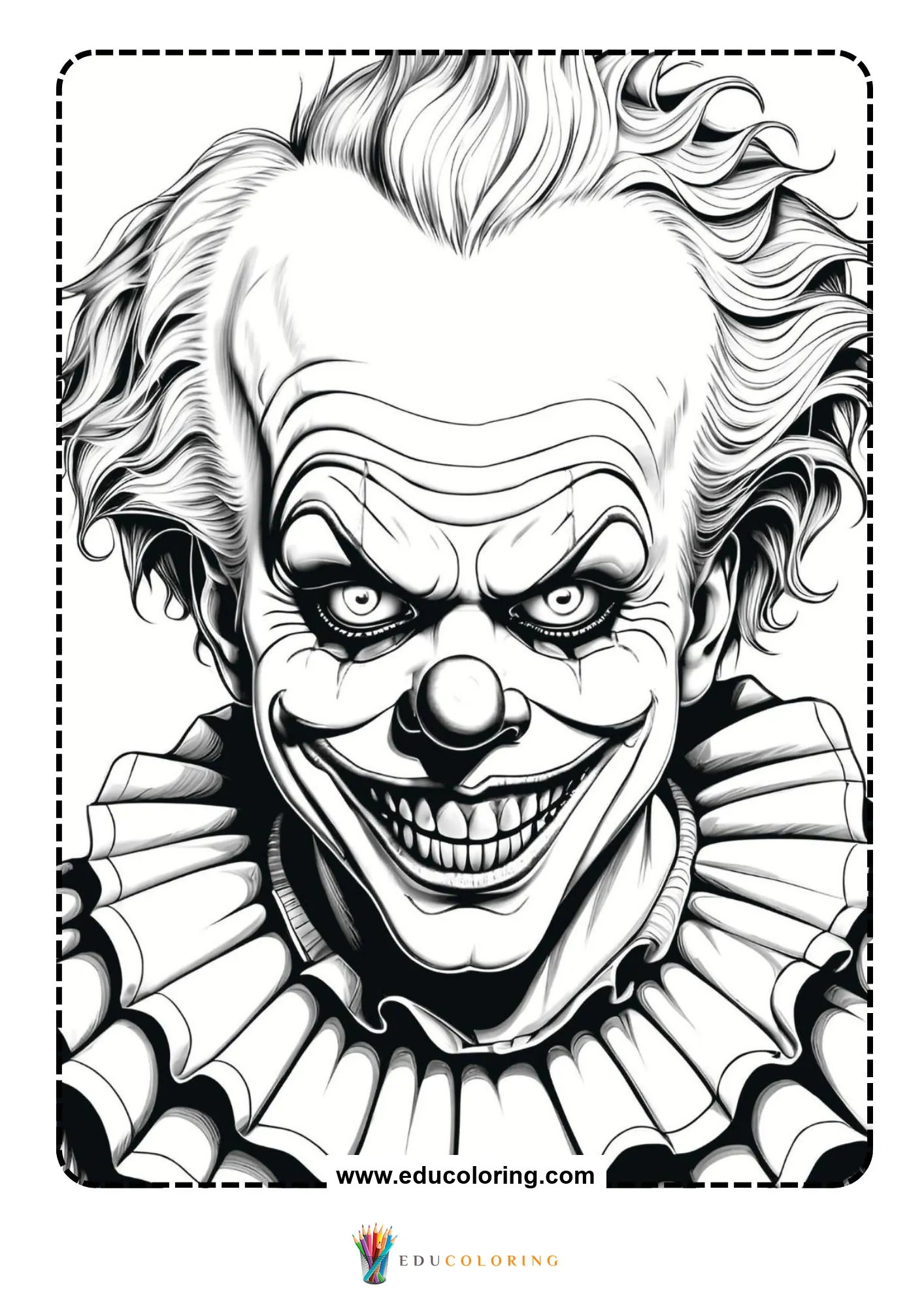 Close-up scary clown with wild hair and enormous wide grin