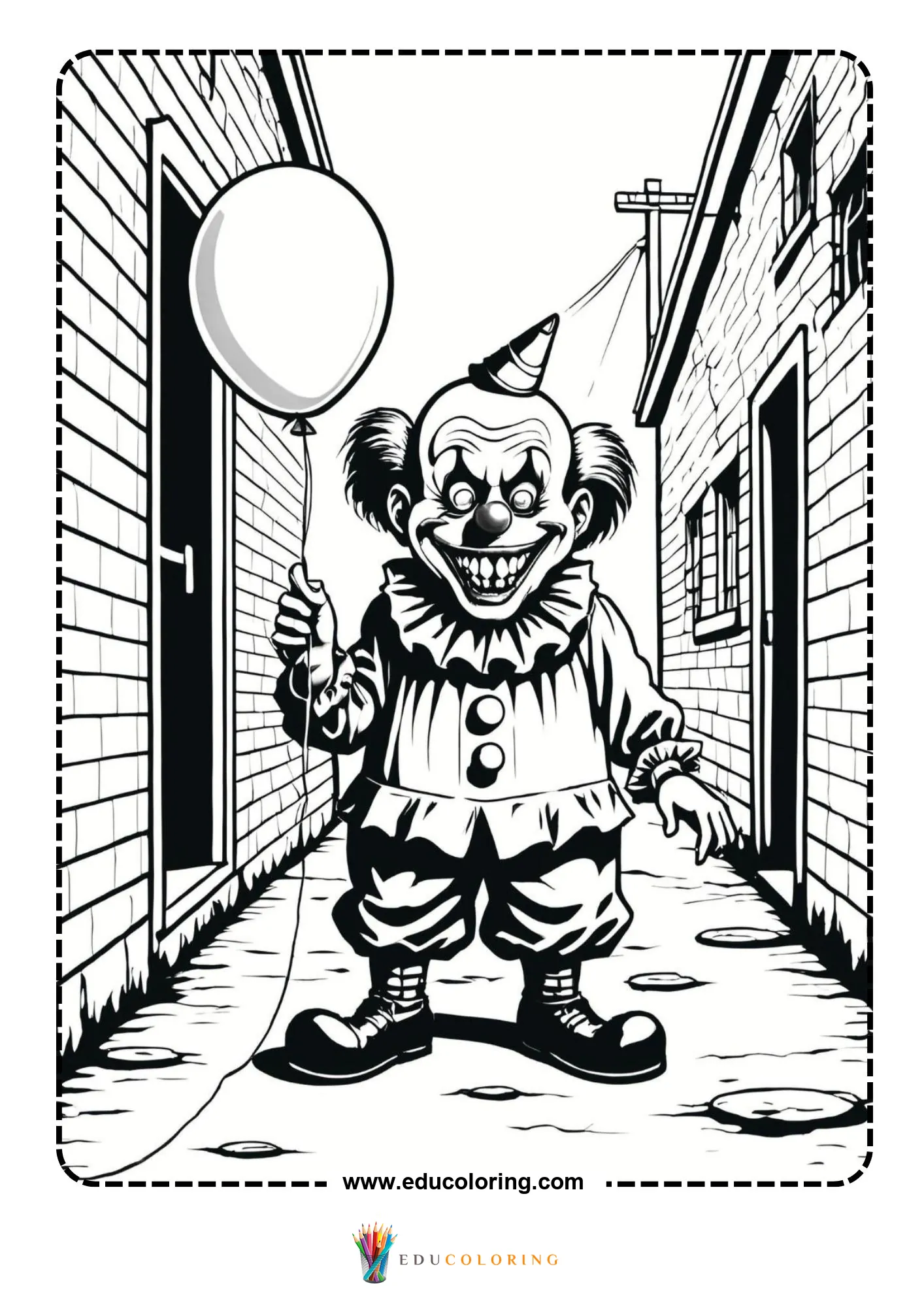 Scary clown in party hat holding balloon grinning in dark alley