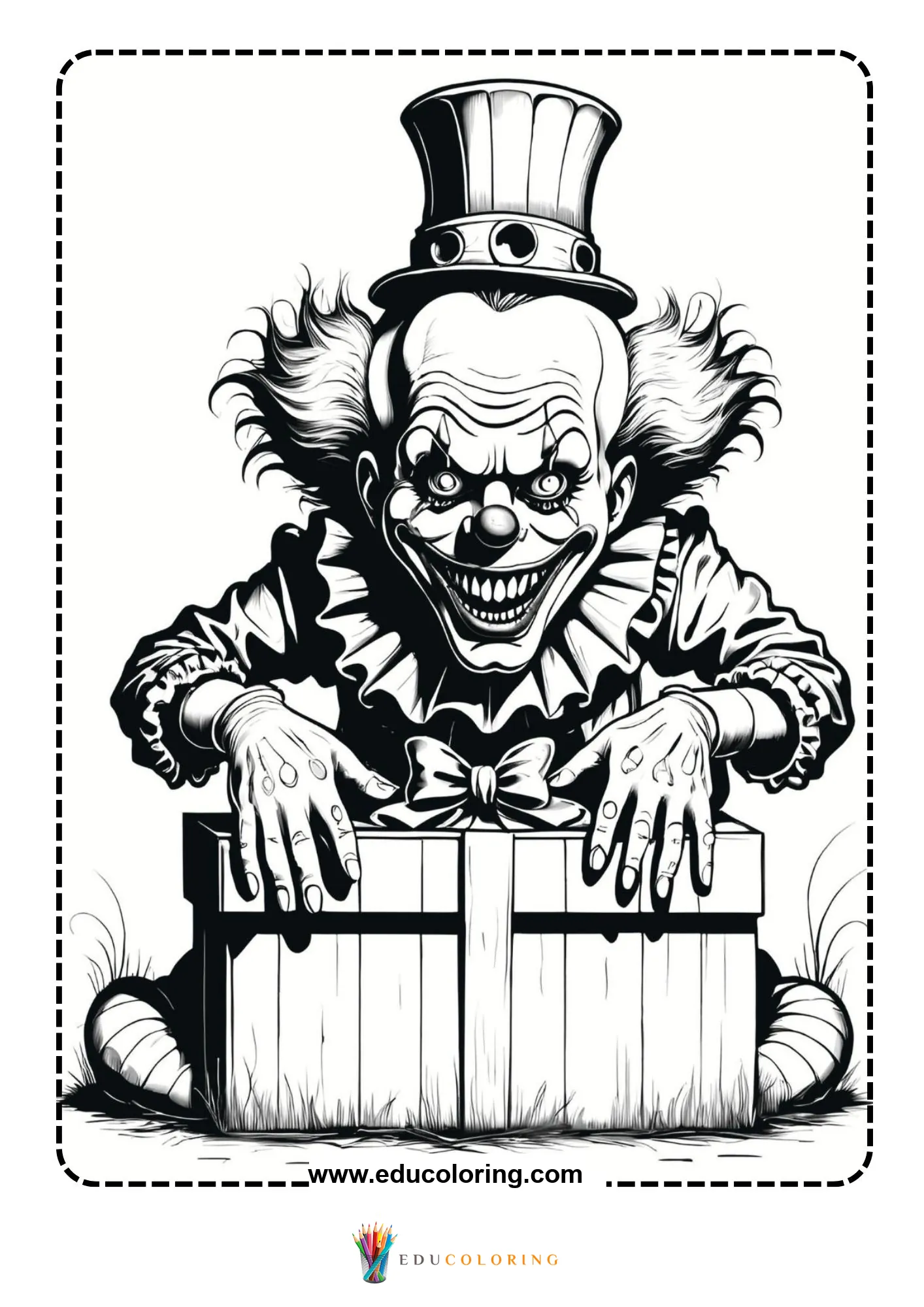Scary clown in top hat leaning over wooden crate grinning