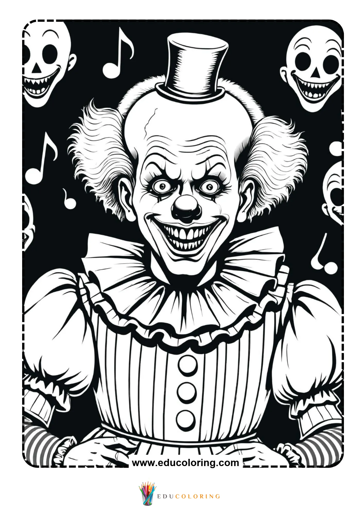 Scary clown in top hat grinning among skull masks and music notes