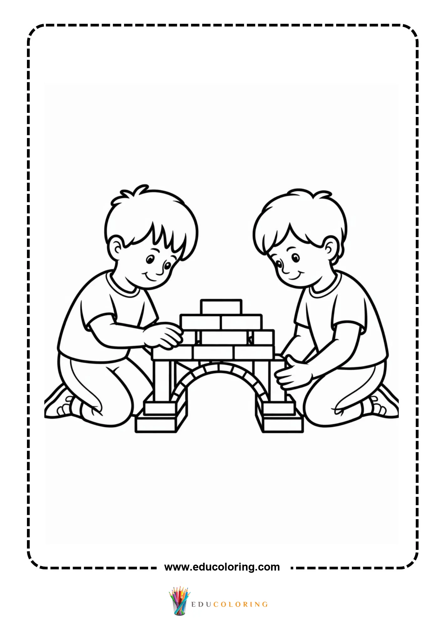 Bridge coloring page with two children constructing a brick bridge