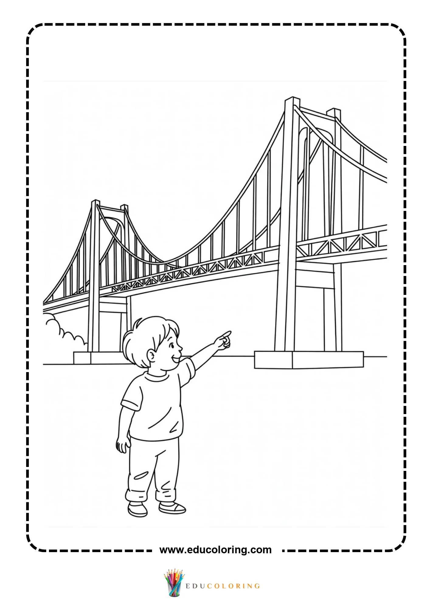 Bridge coloring page with bridge engineering line art