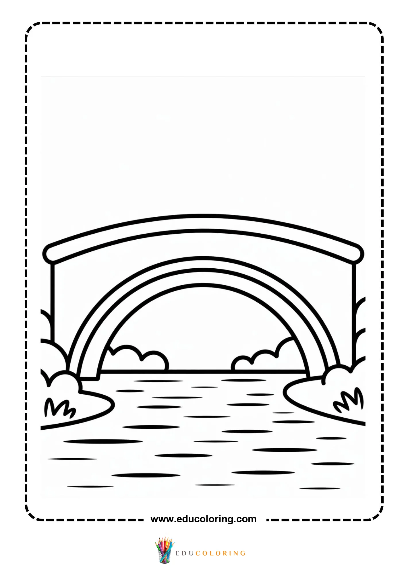 Bridge coloring page with arched bridge in a landscape