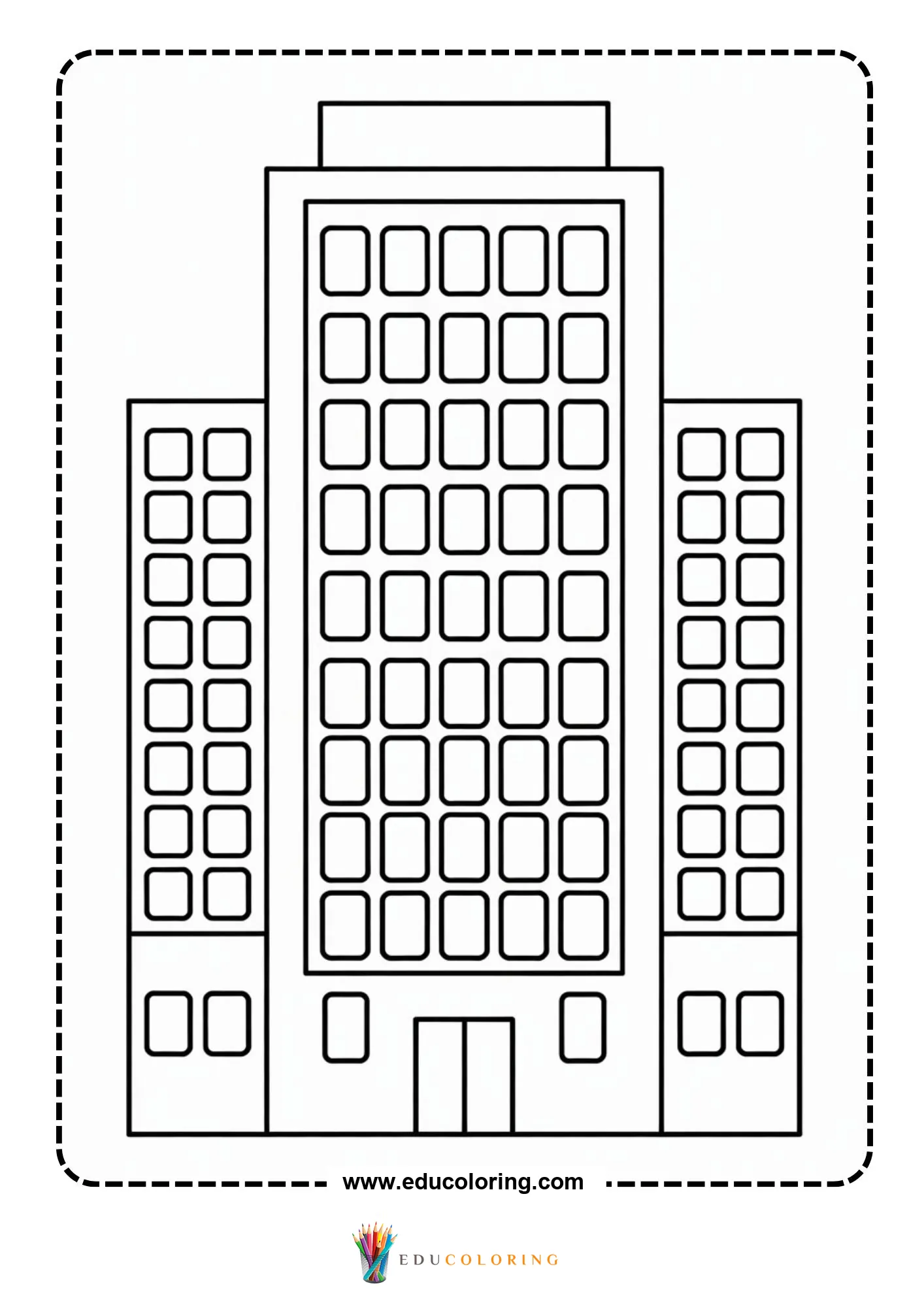 Building coloring page with three tall buildings and many windows