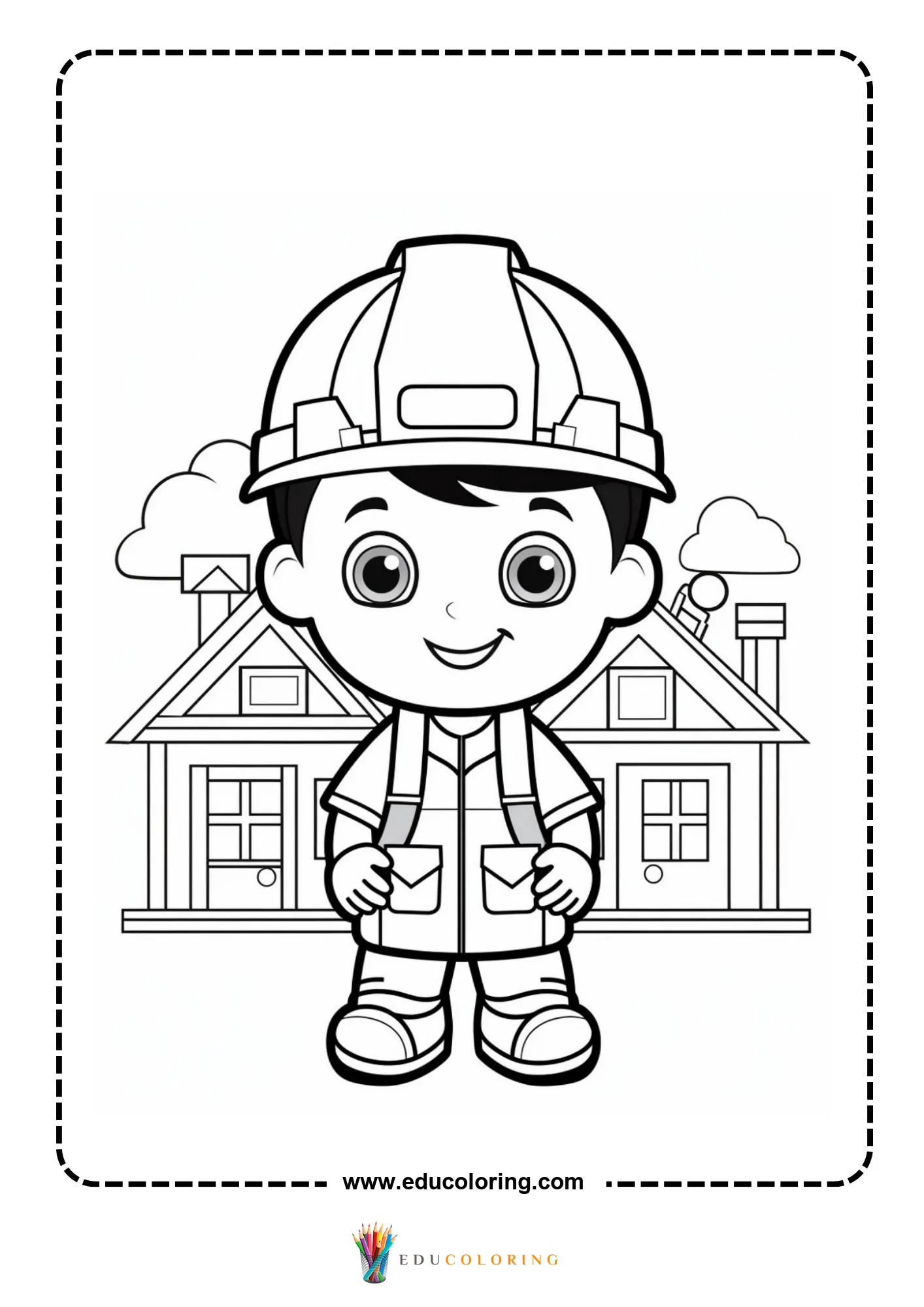 Construction coloring page with builder standing near scaffolding
