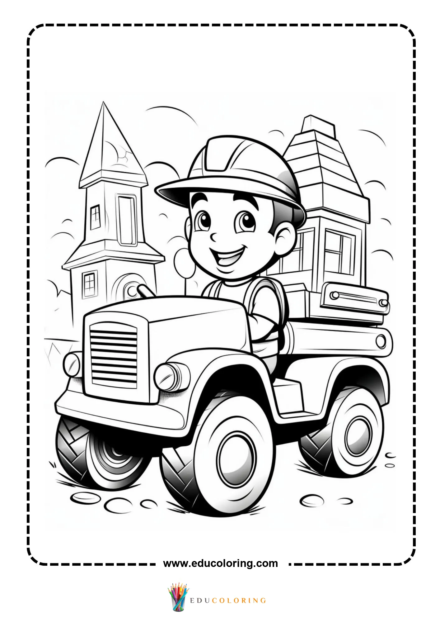 Construction coloring page with dump truck at a work site