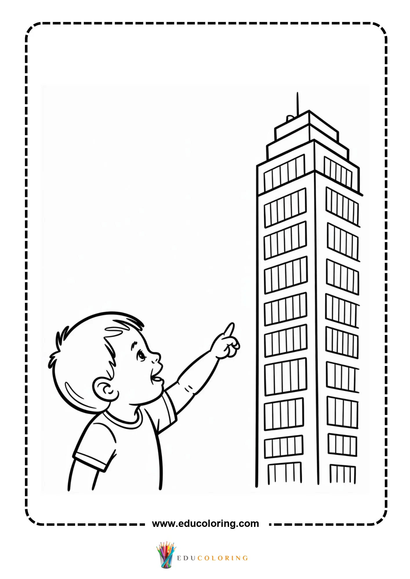 Skyscrapers coloring page with child exploring downtown