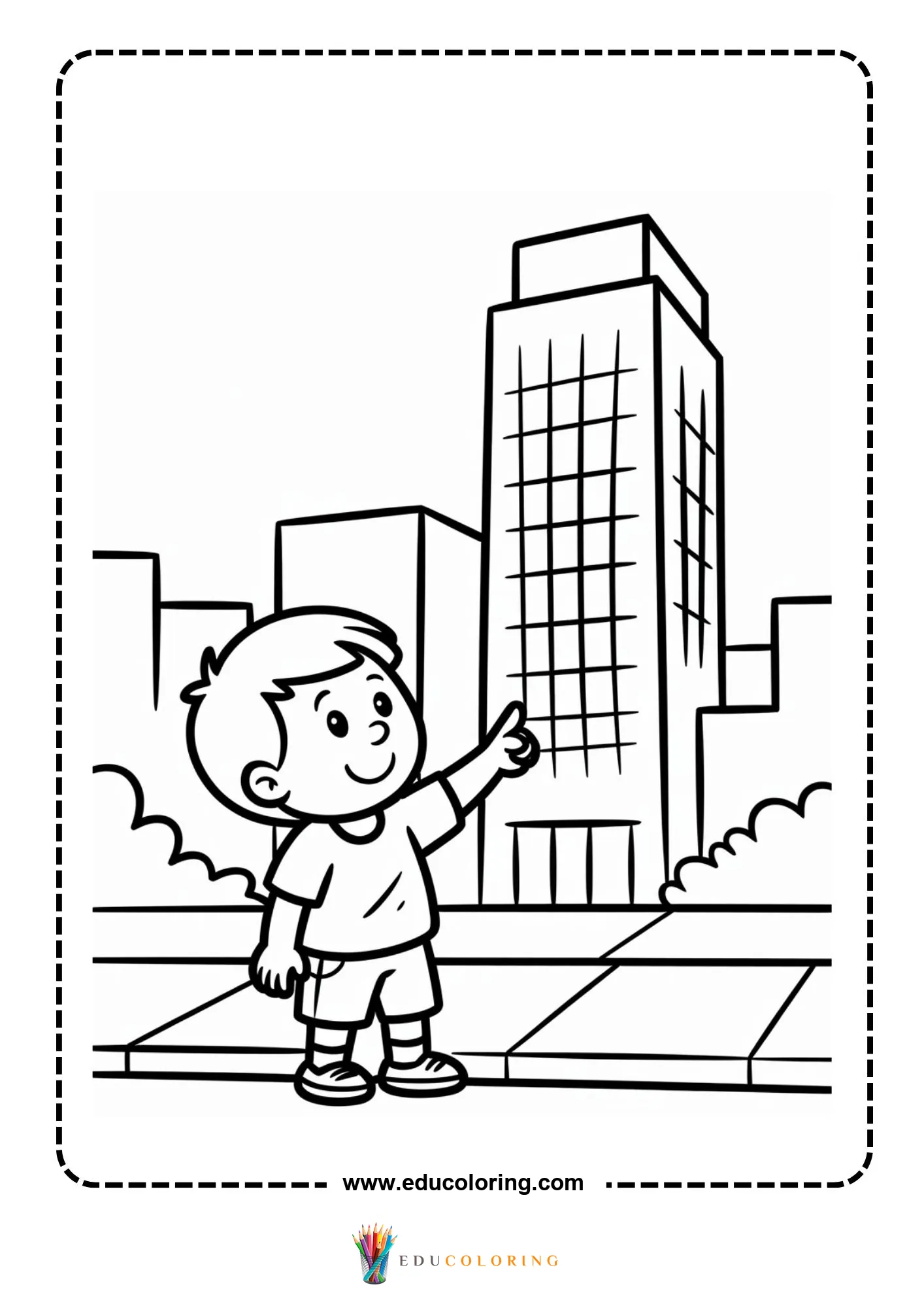 Skyscrapers coloring page with boy pointing at a high rise