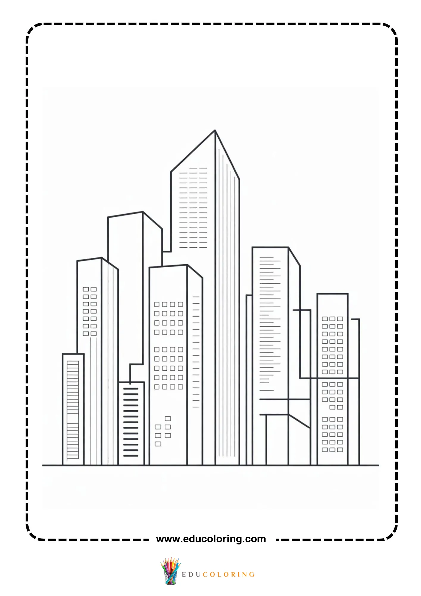 Skyscrapers coloring page with sidewalk beside tall buildings