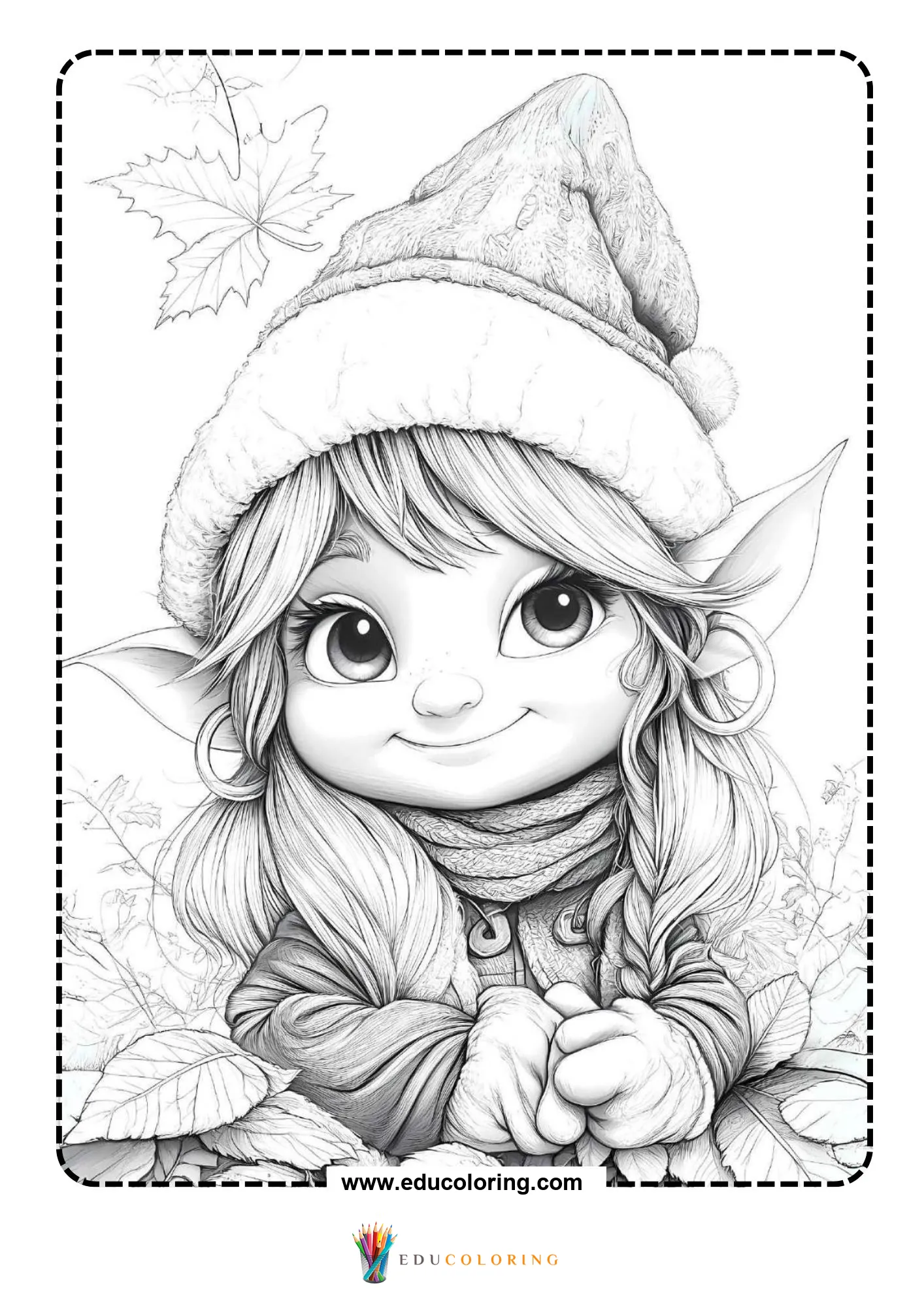 Elf with folded hands in leaves