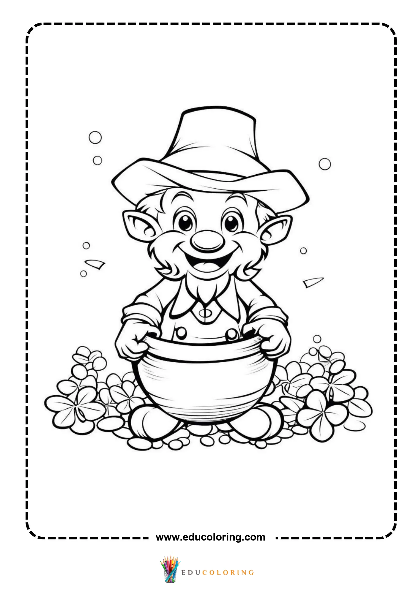 Leprechaun holding pot among clovers