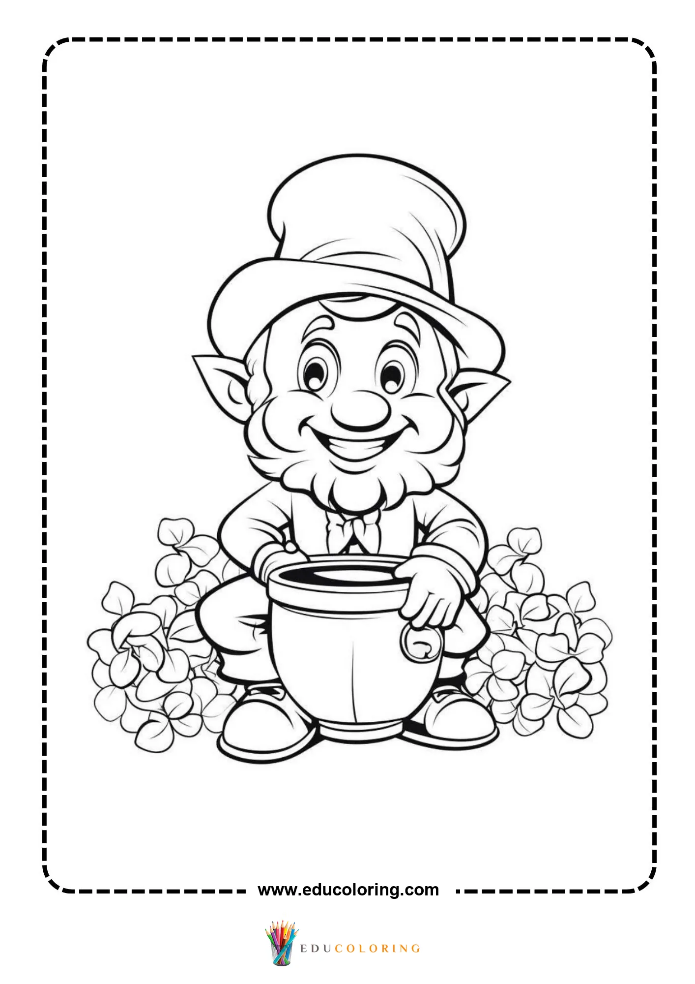 Leprechaun with pot of gold in clovers