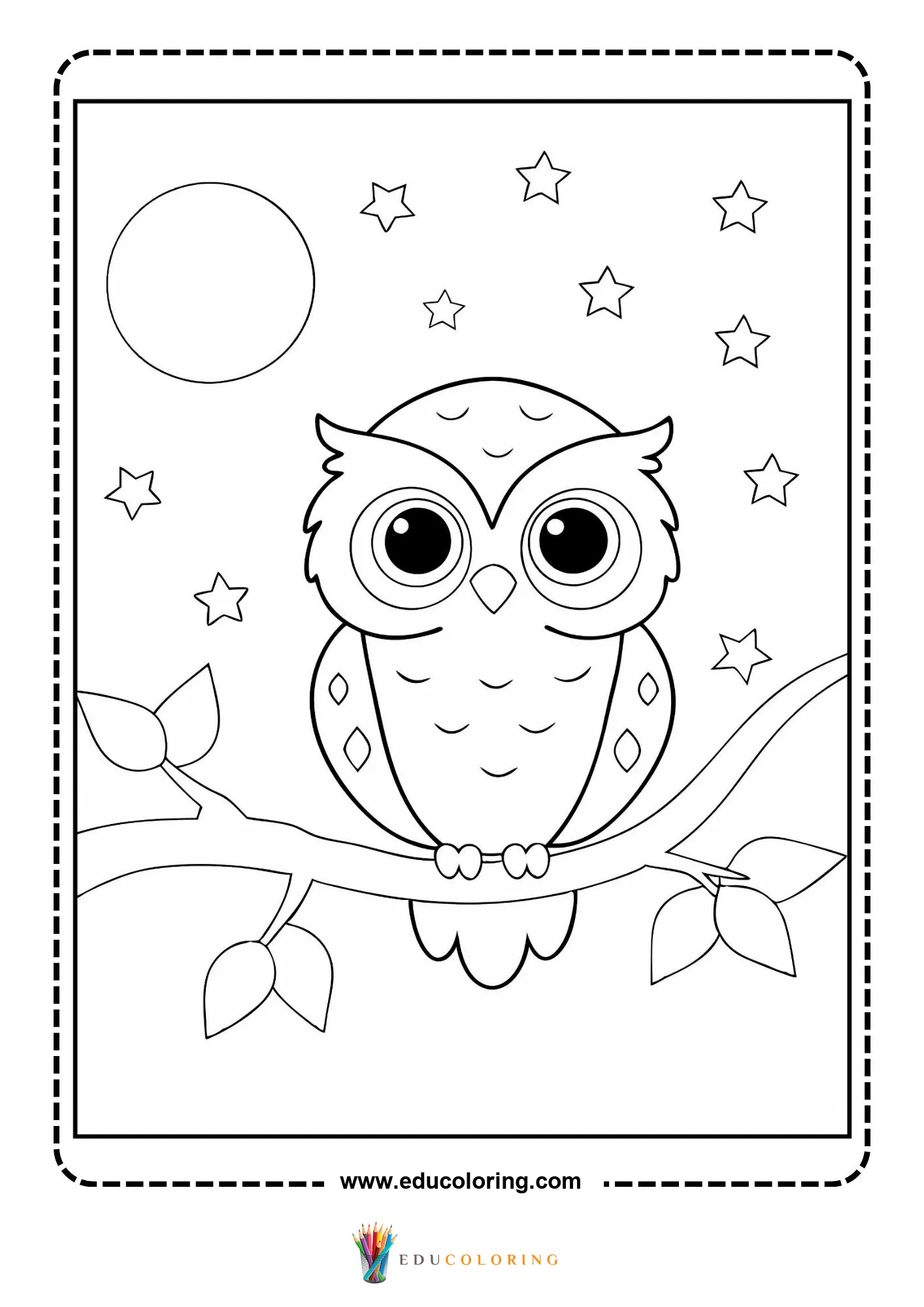 Owl perched on a branch under the moon
