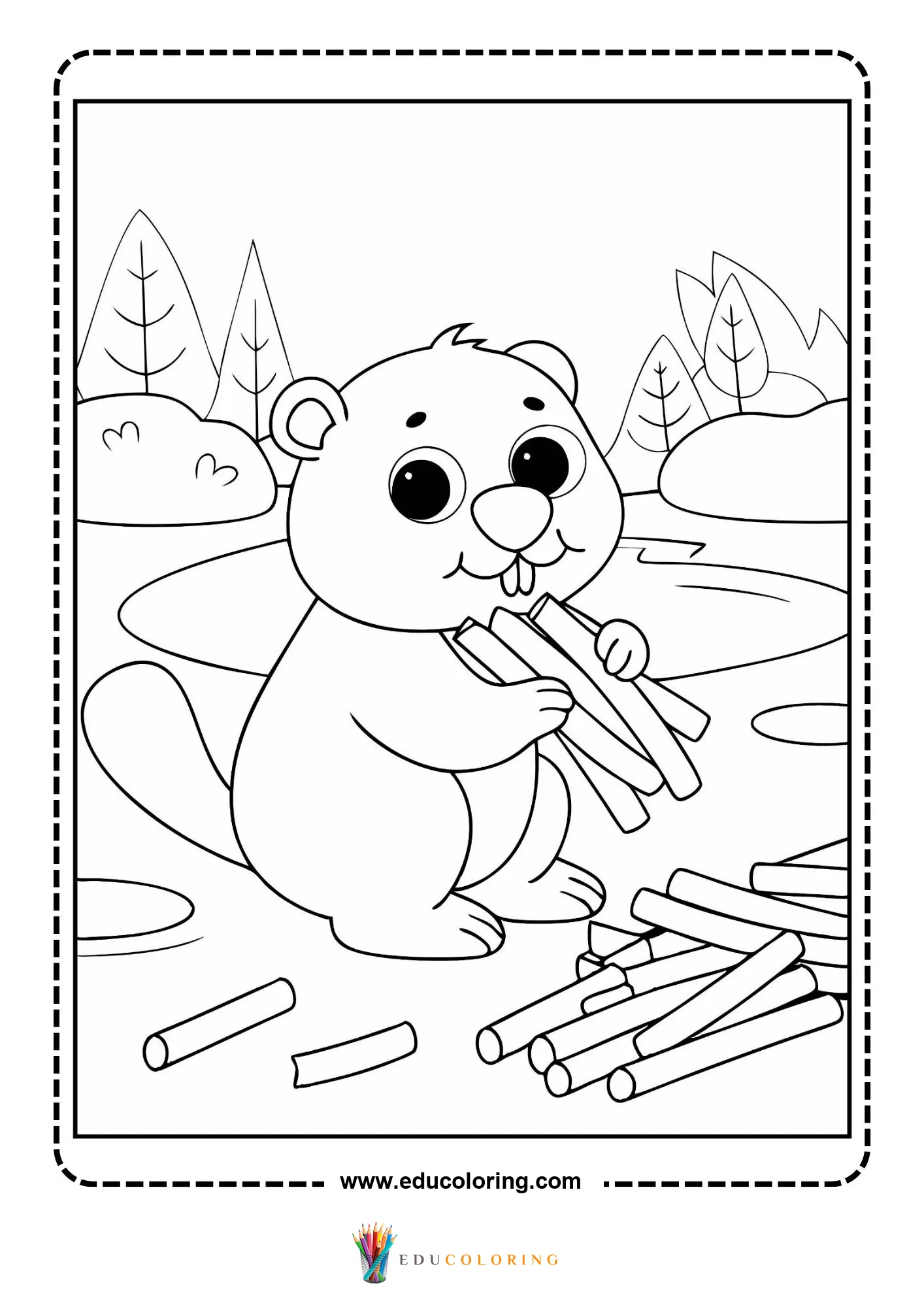 Beaver holding sticks beside a pond
