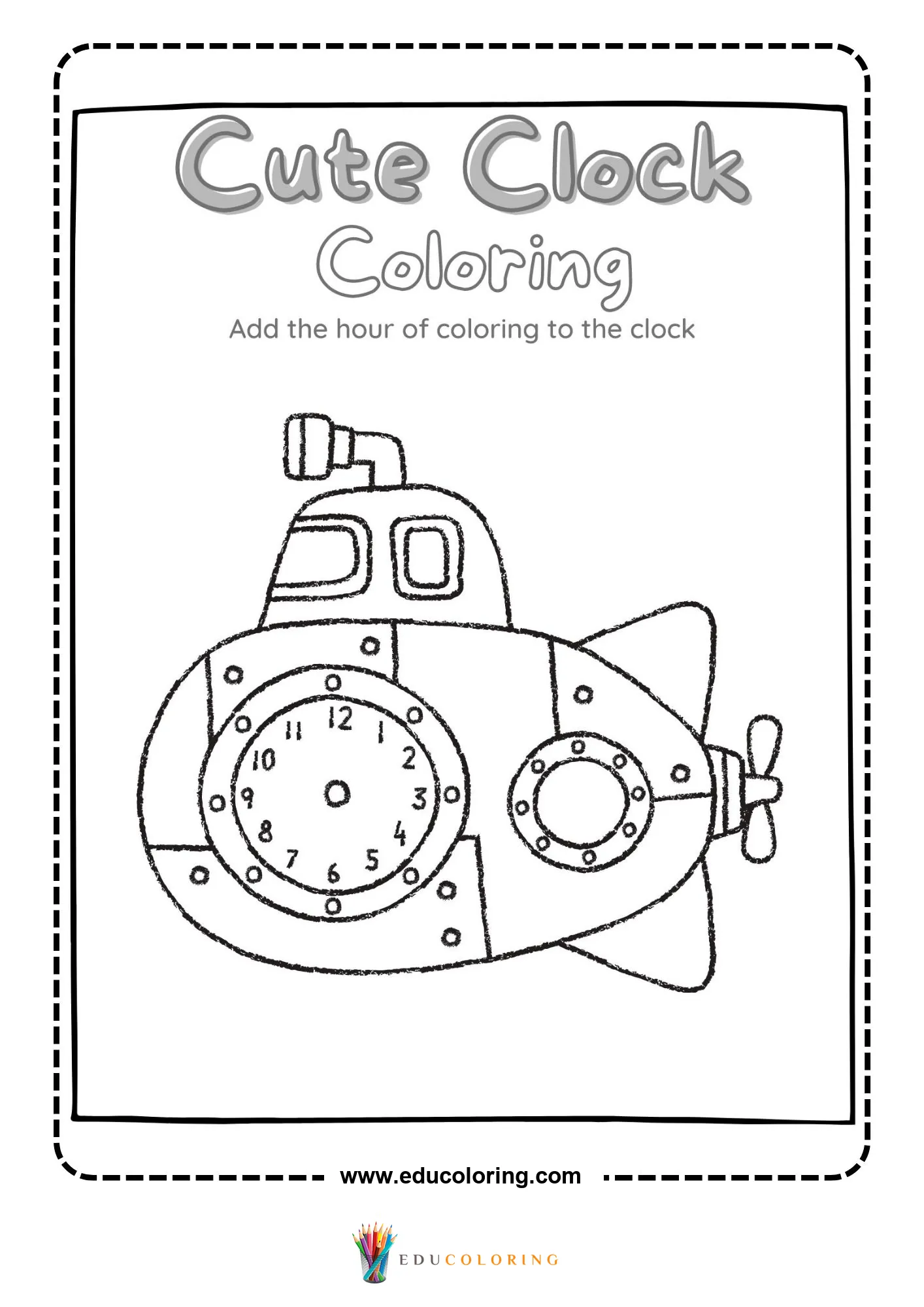 Submarine clock coloring worksheet