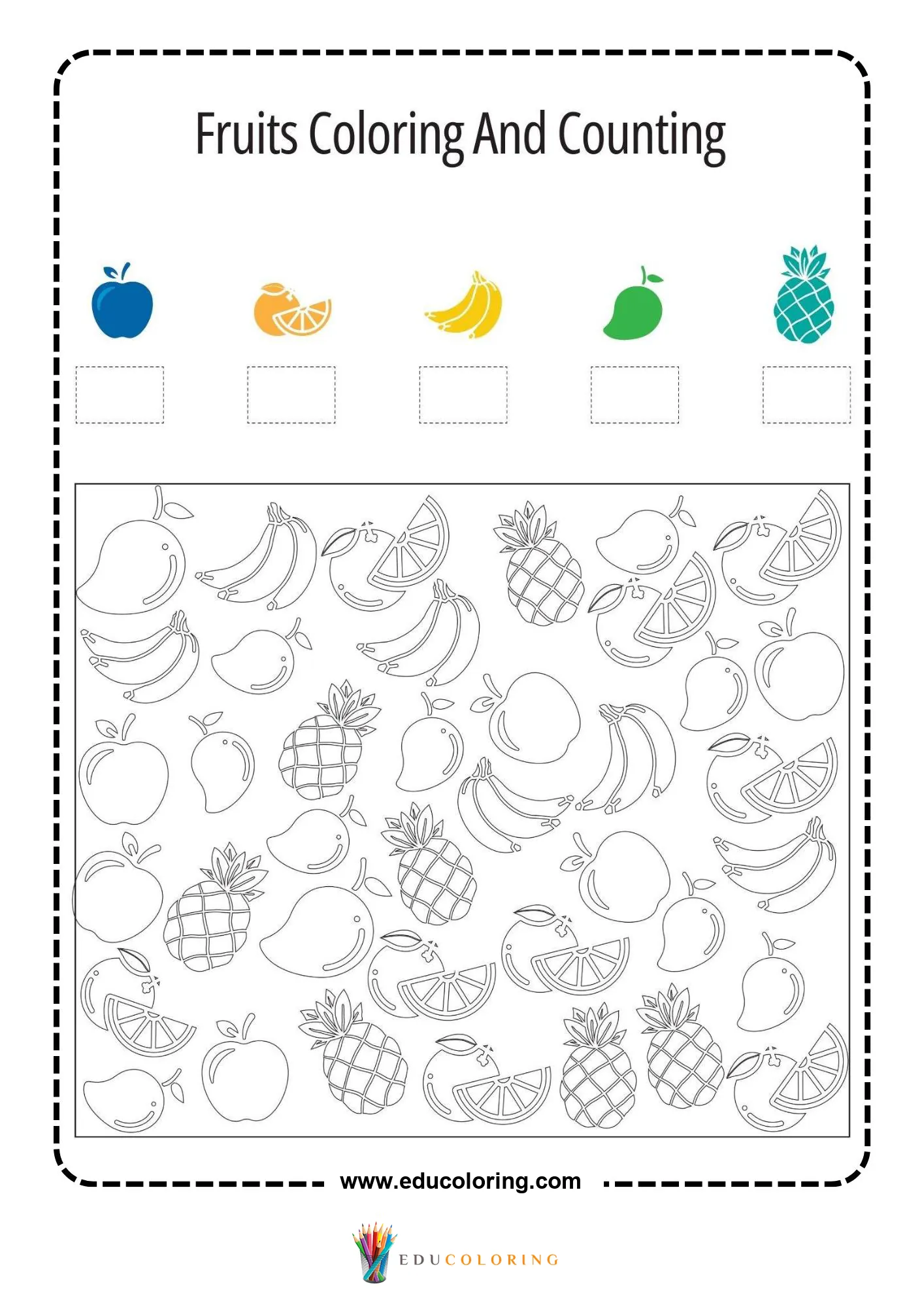 Fruits coloring and counting worksheet page 10