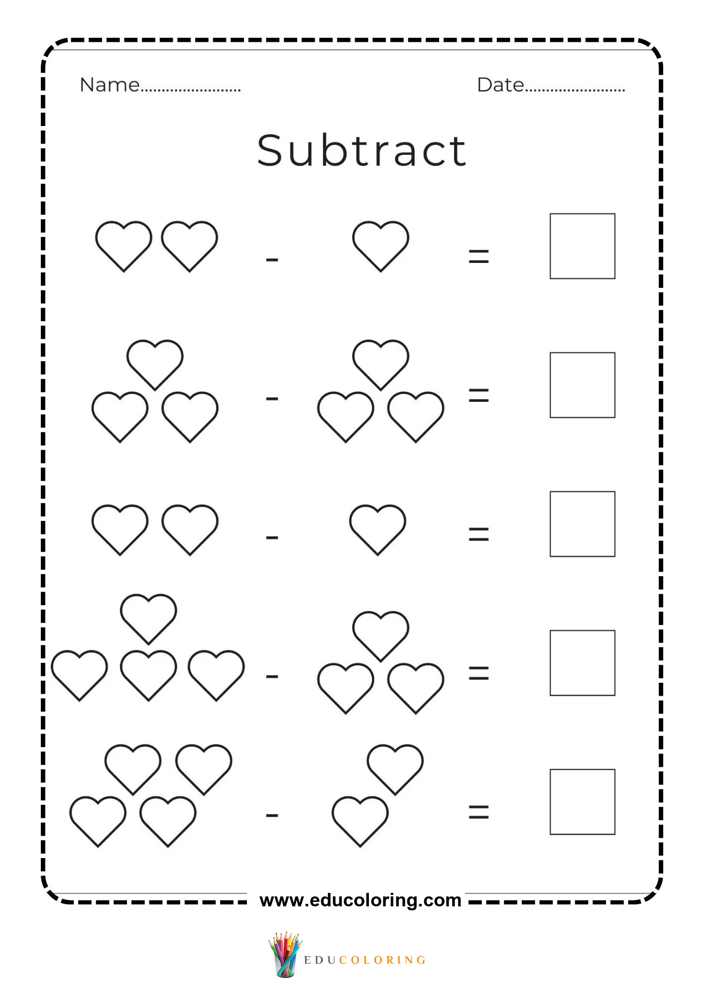 Heart subtraction math activity worksheet