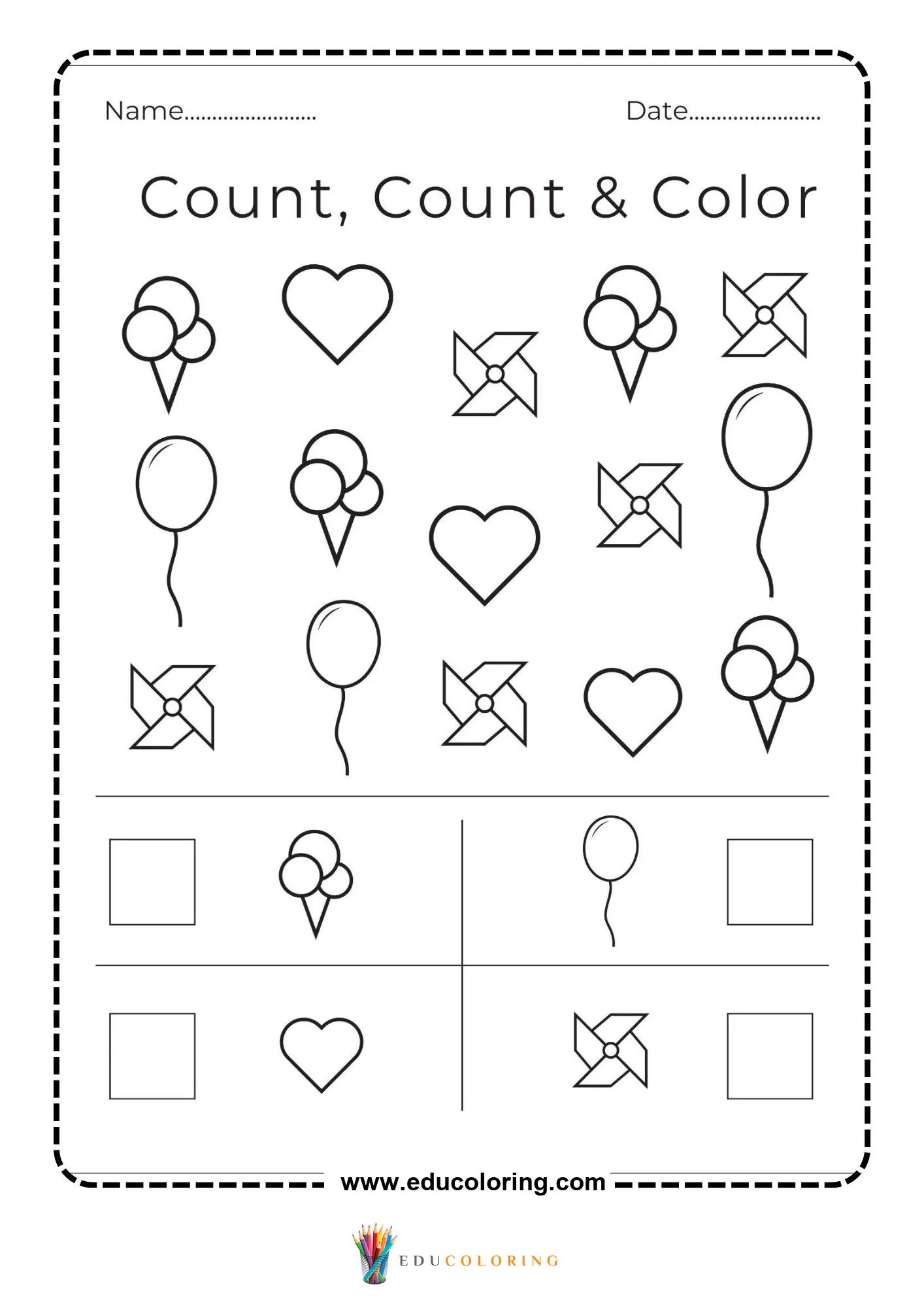 Count write and color heart worksheet