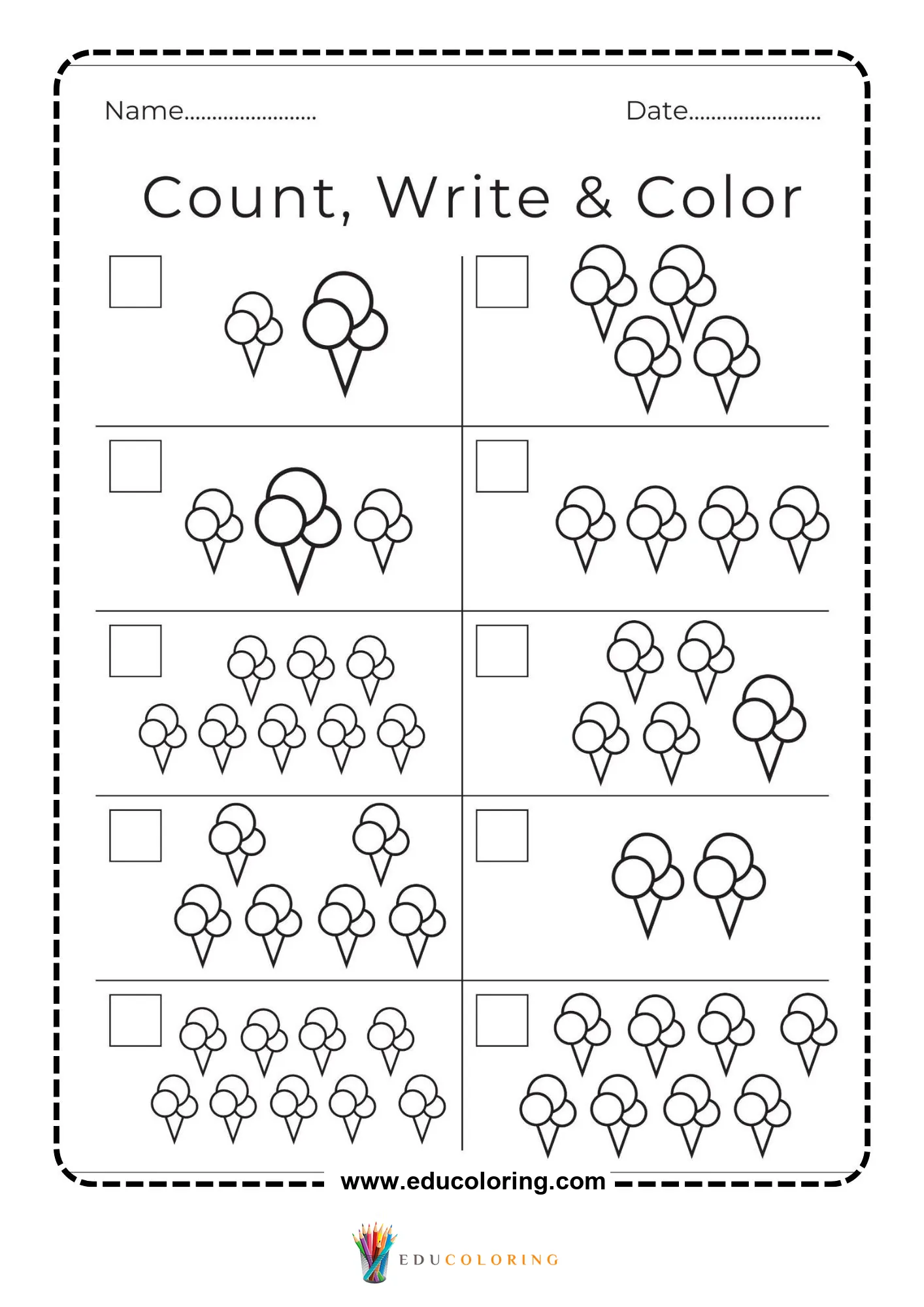Count write and color ice cream worksheet page 2