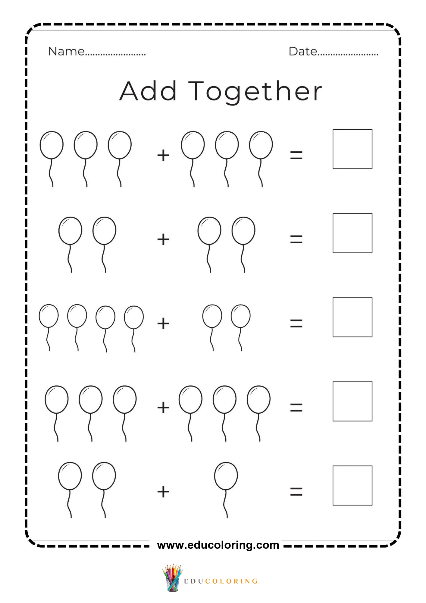 Balloon addition math activity worksheet
