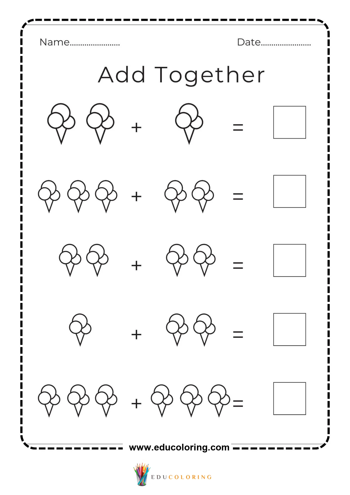 Ice cream addition math activity worksheet