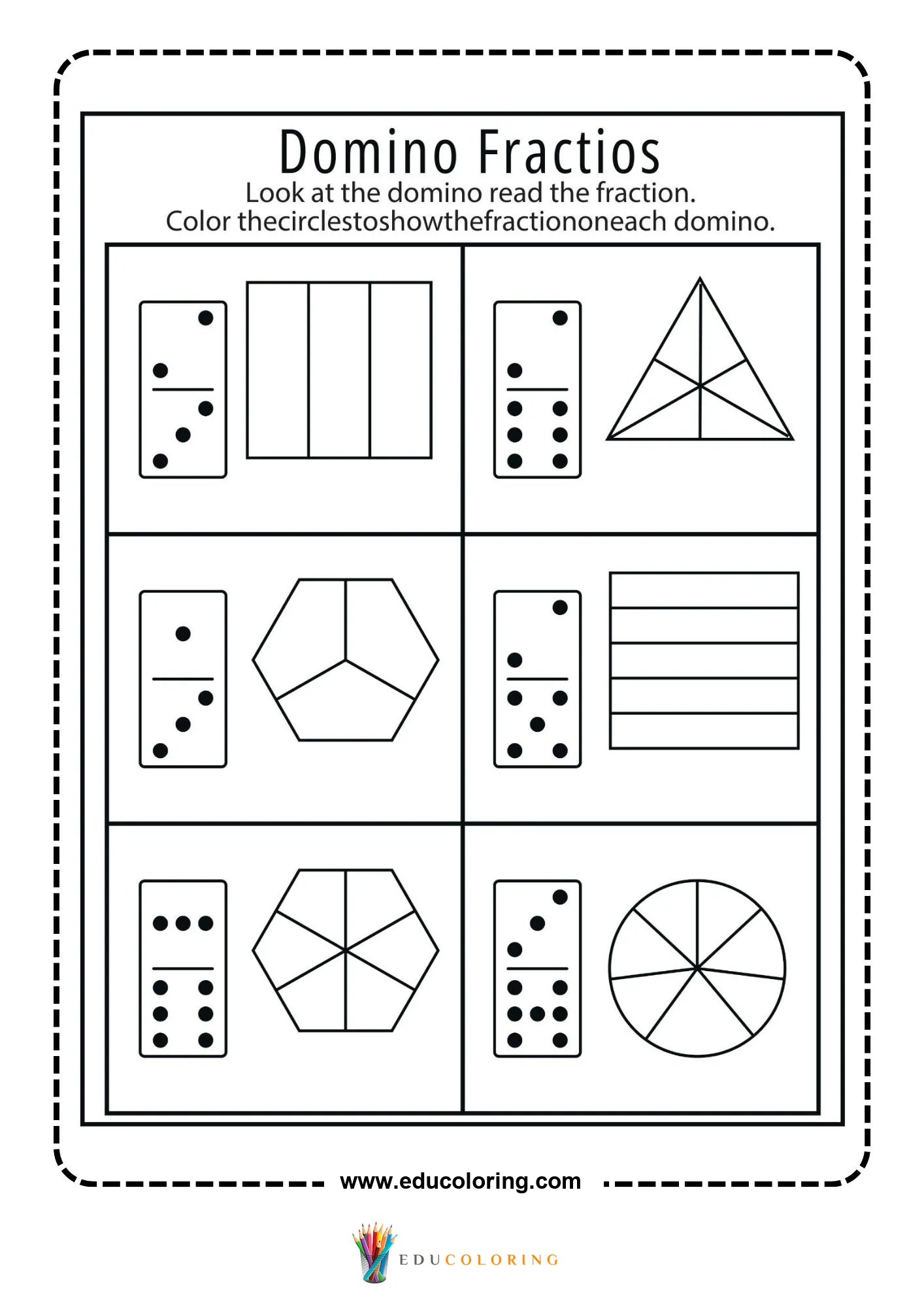 Domino fractions worksheet with circles and dominoes