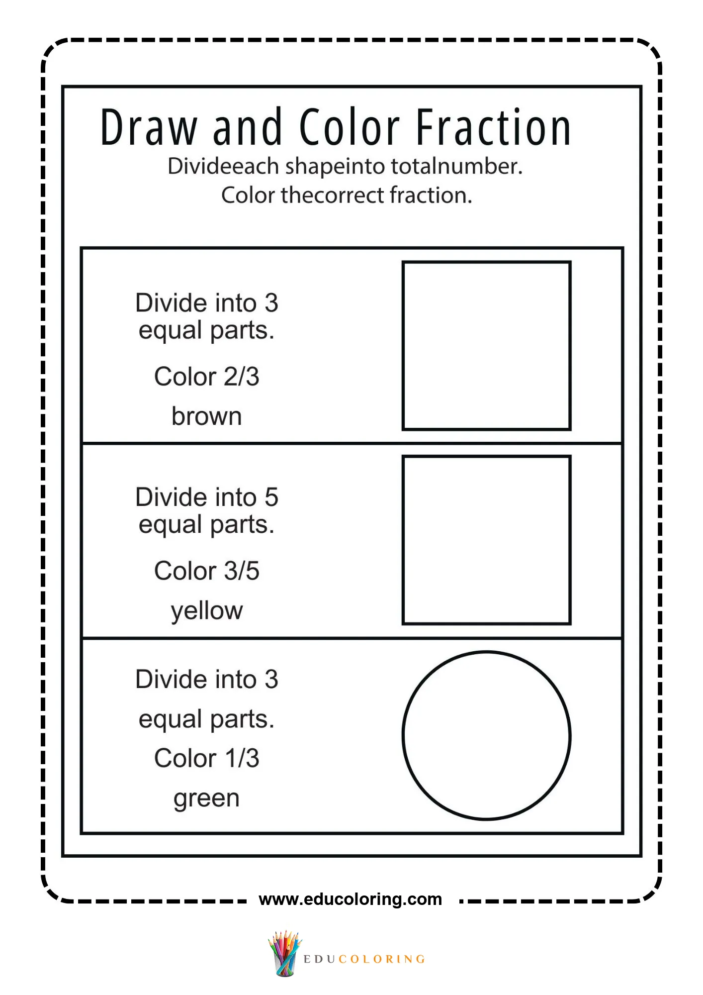 Draw and color fraction worksheet for thirds and fifths