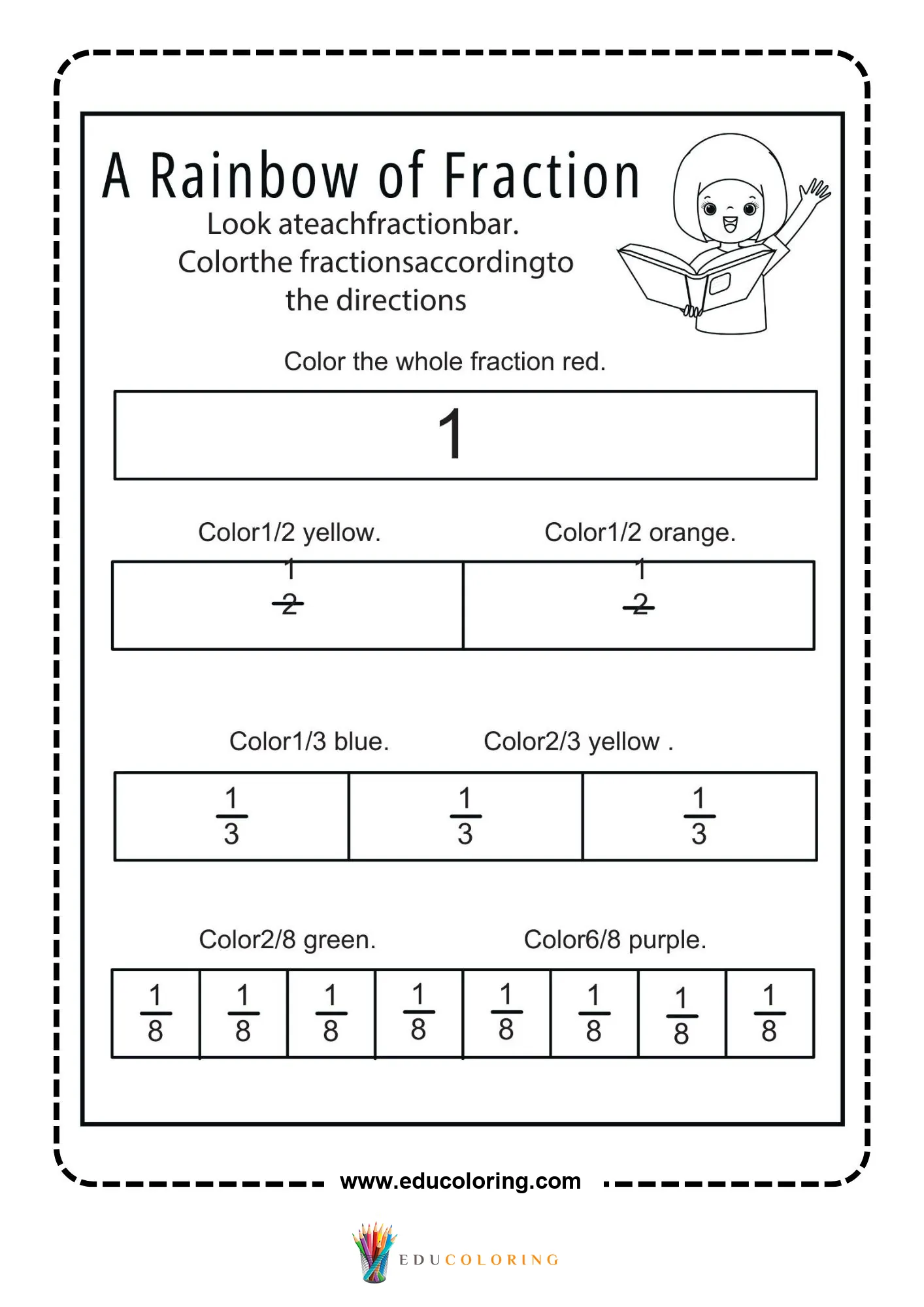 Rainbow fraction bar coloring worksheet with halves, thirds, and eighths