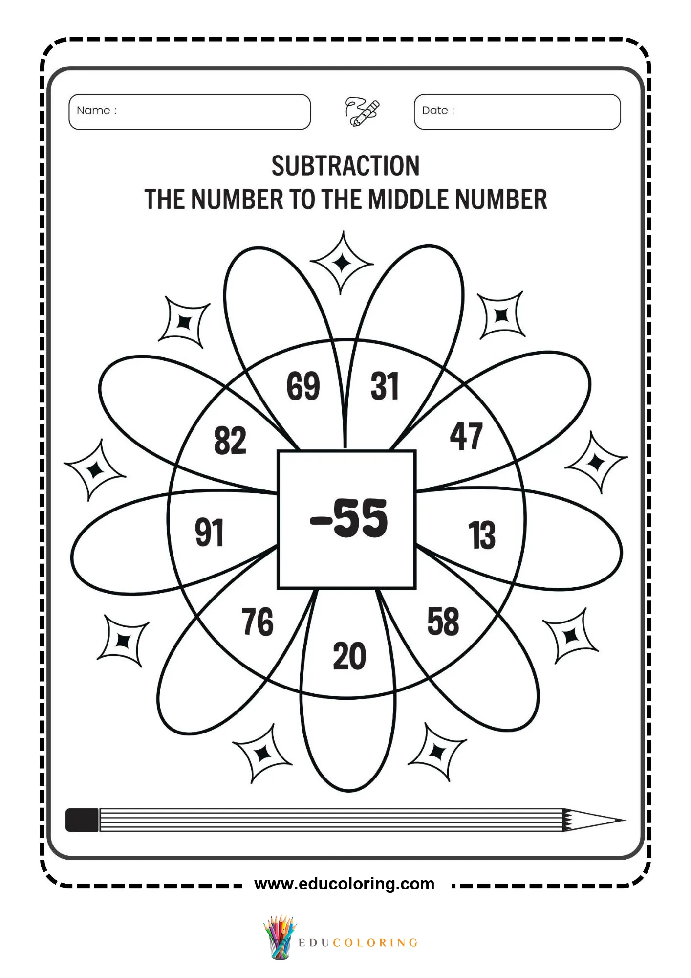 Subtraction flower worksheet with middle number 55 page 2