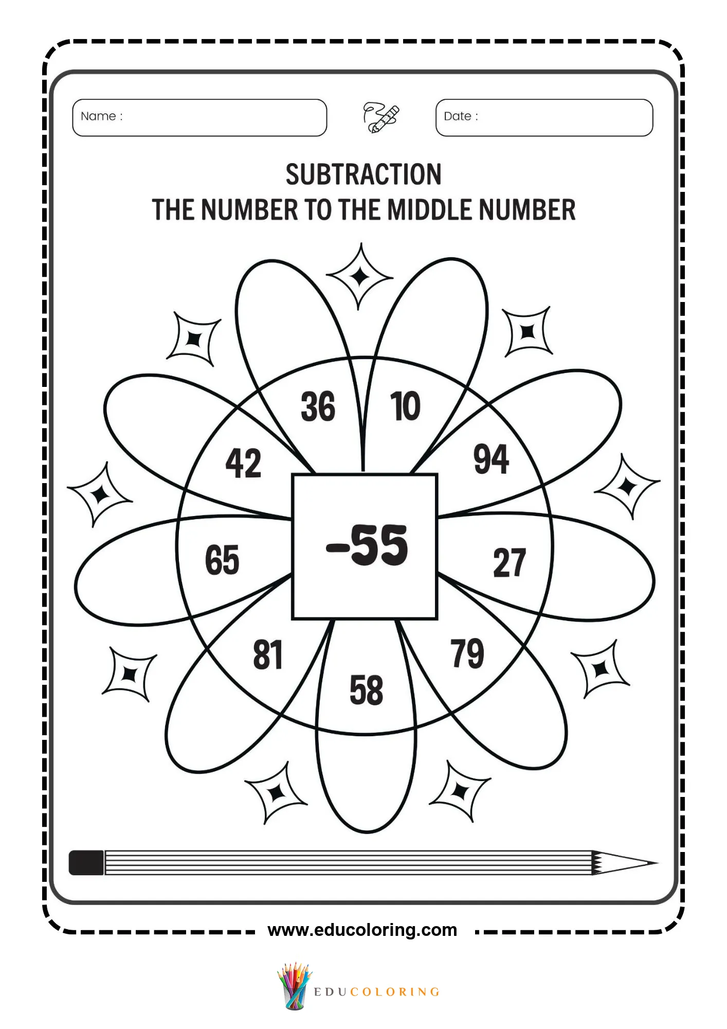 Subtraction flower worksheet with middle number 55