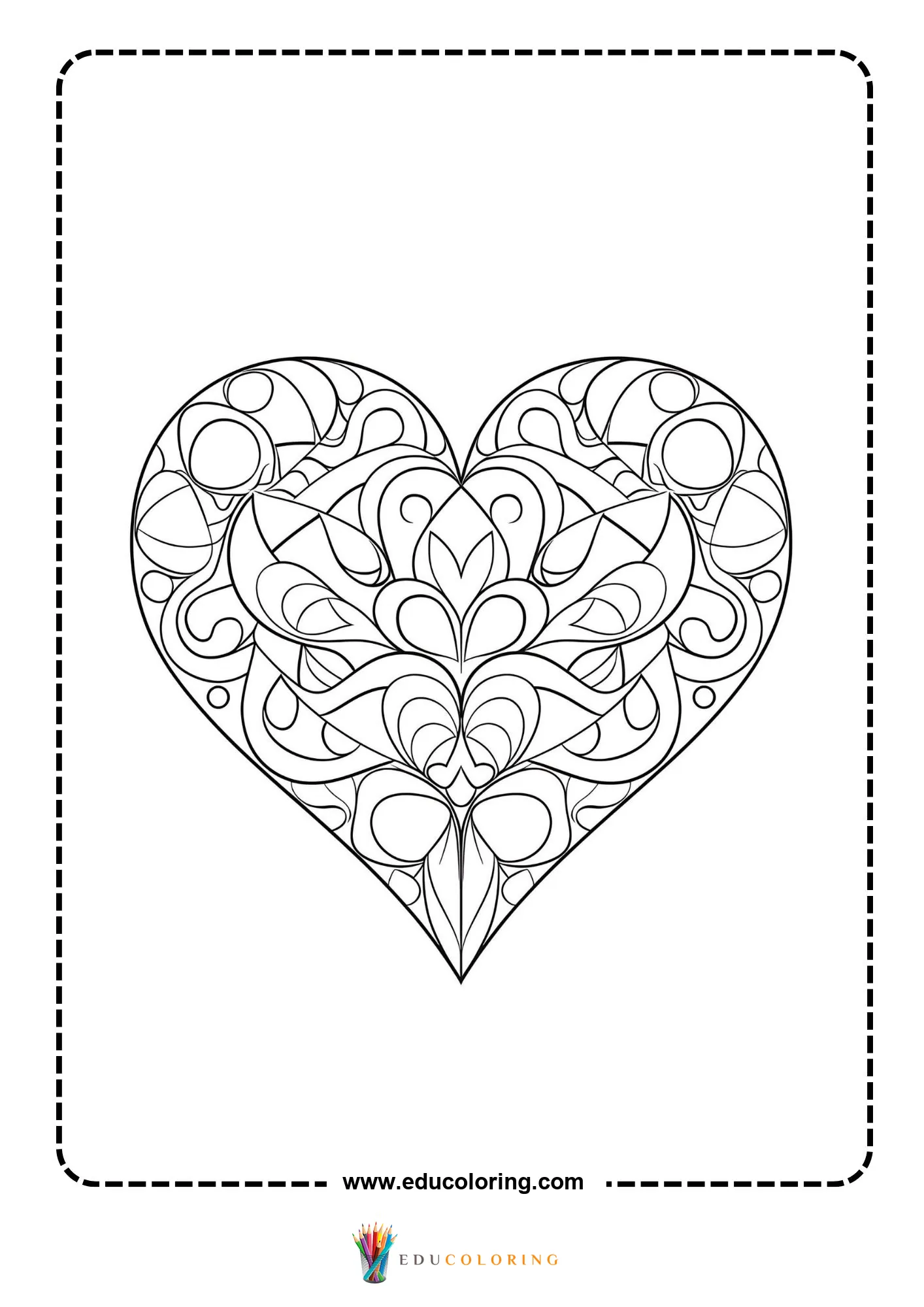 Easy heart pattern coloring page with floral swirls