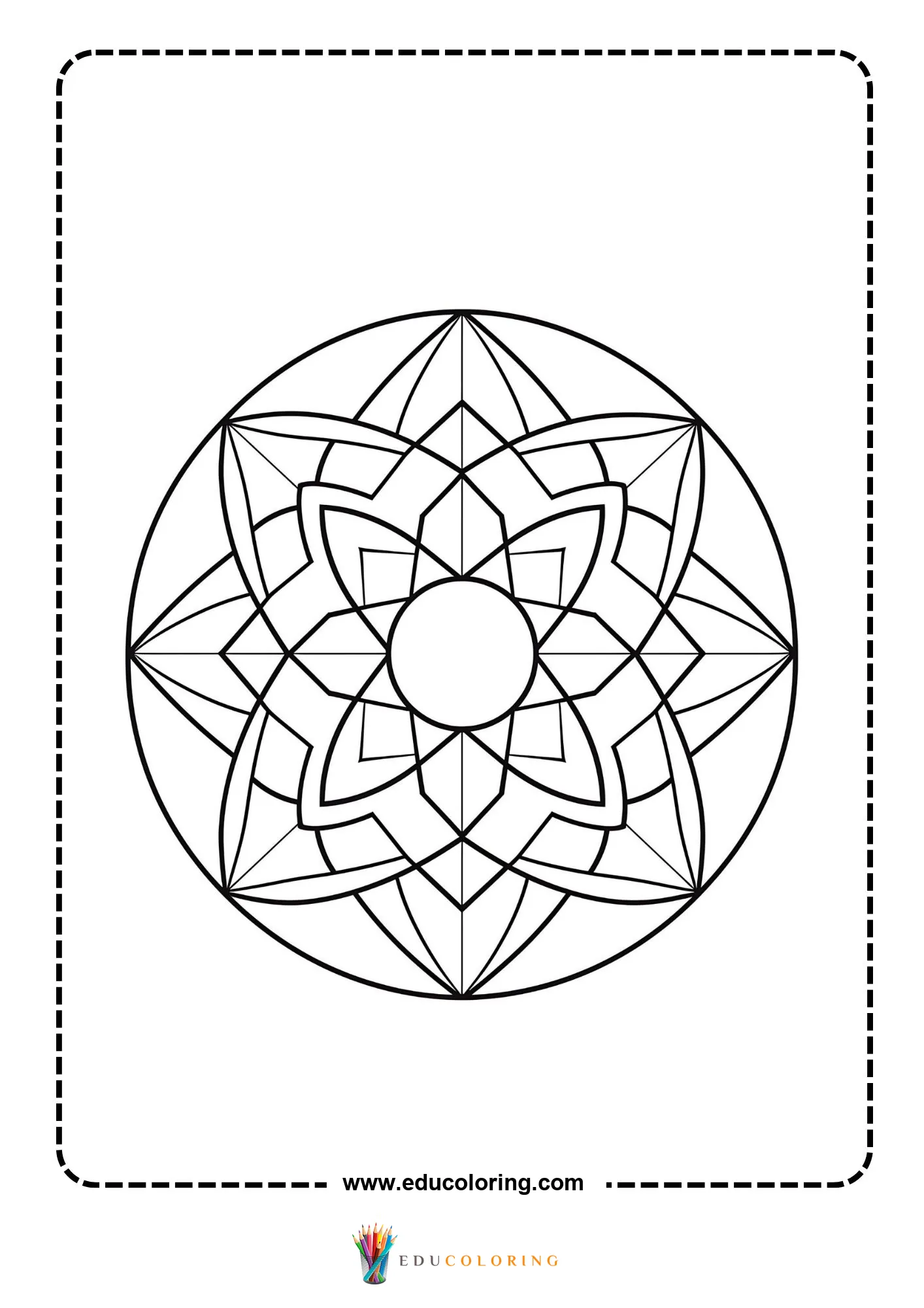 Easy round mandala pattern coloring page with pointed petals