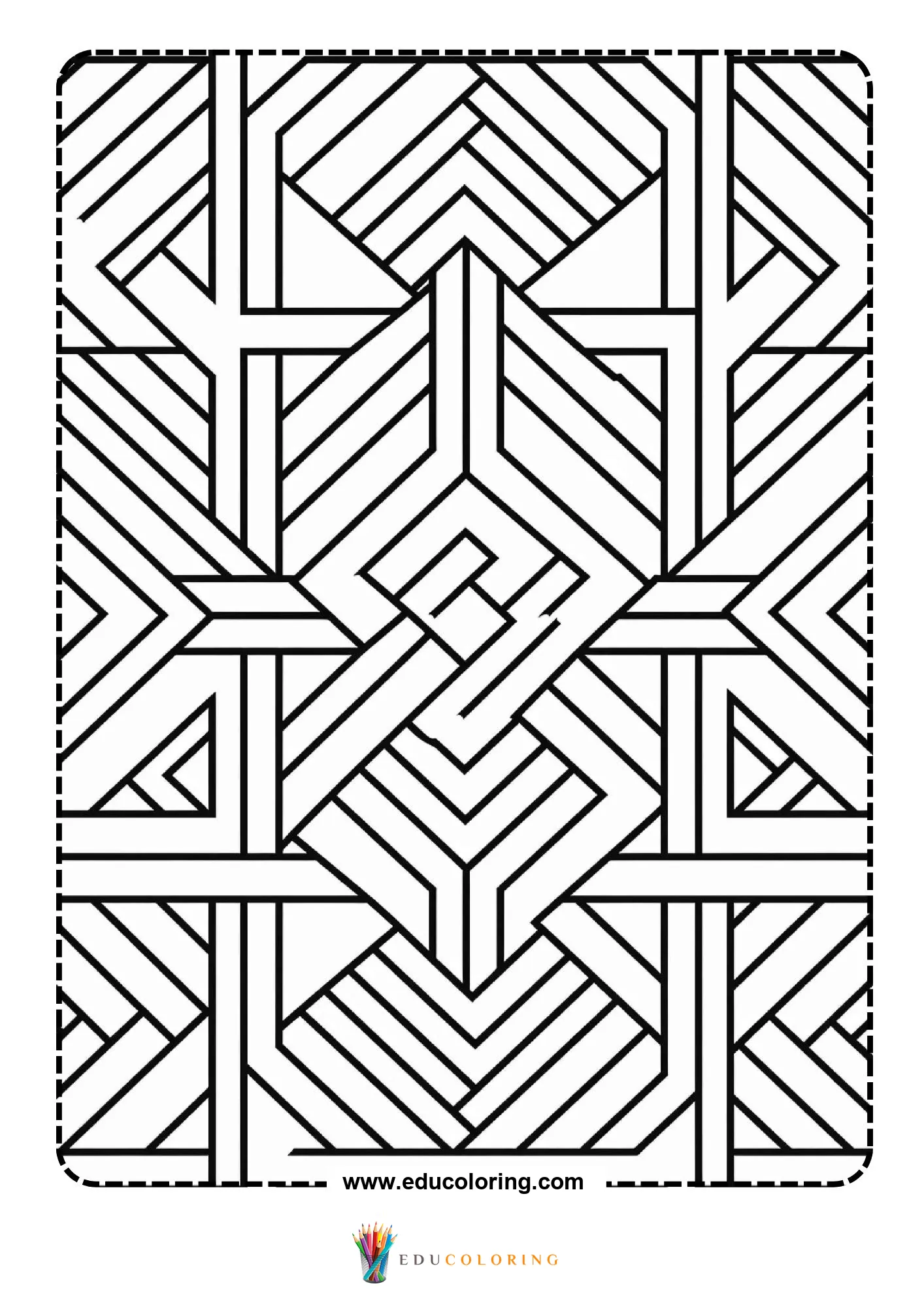 Geometric pattern coloring page with interlocking diamond bands