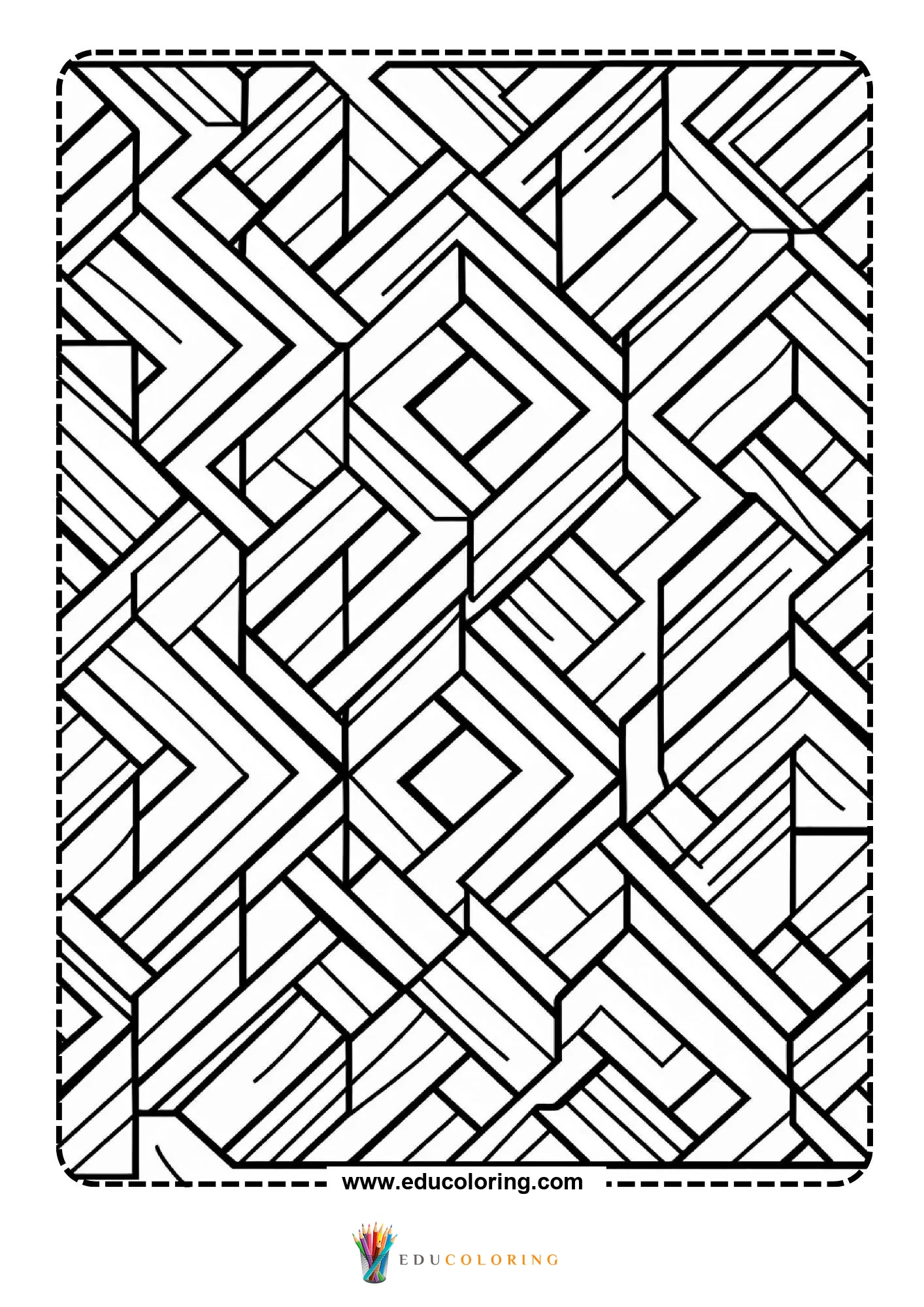 Geometric pattern coloring page with angular striped panels