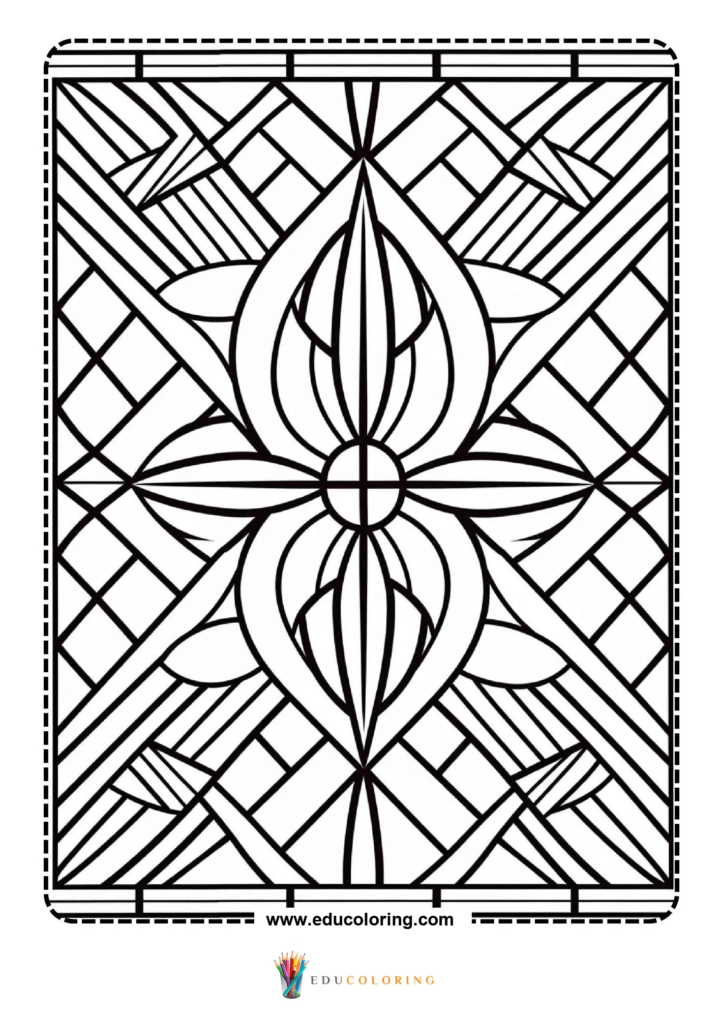 Geometric pattern coloring page with central floral diamond motif