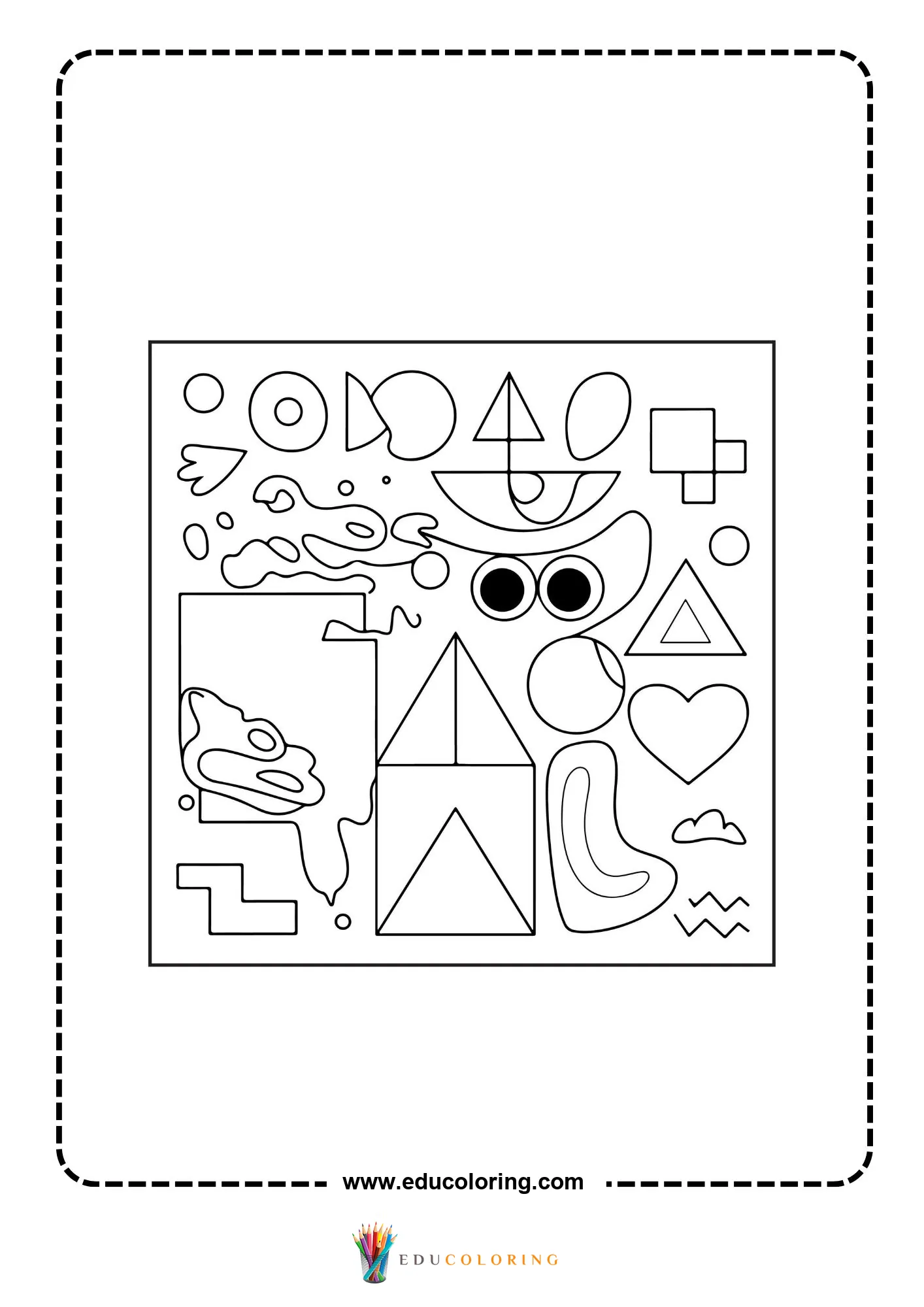 Multi-shapes coloring page with large circle triangle heart square and star