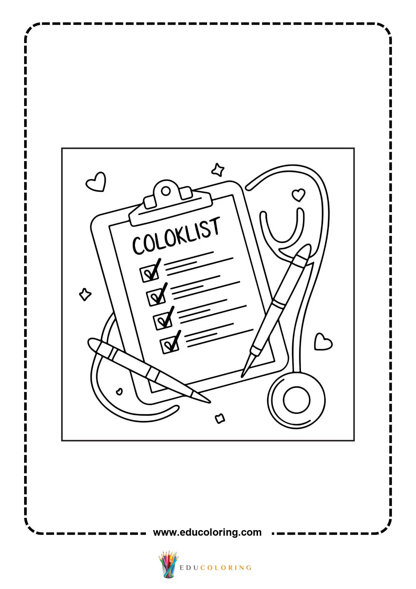 Medical coloring page with friendly doctor and stethoscope