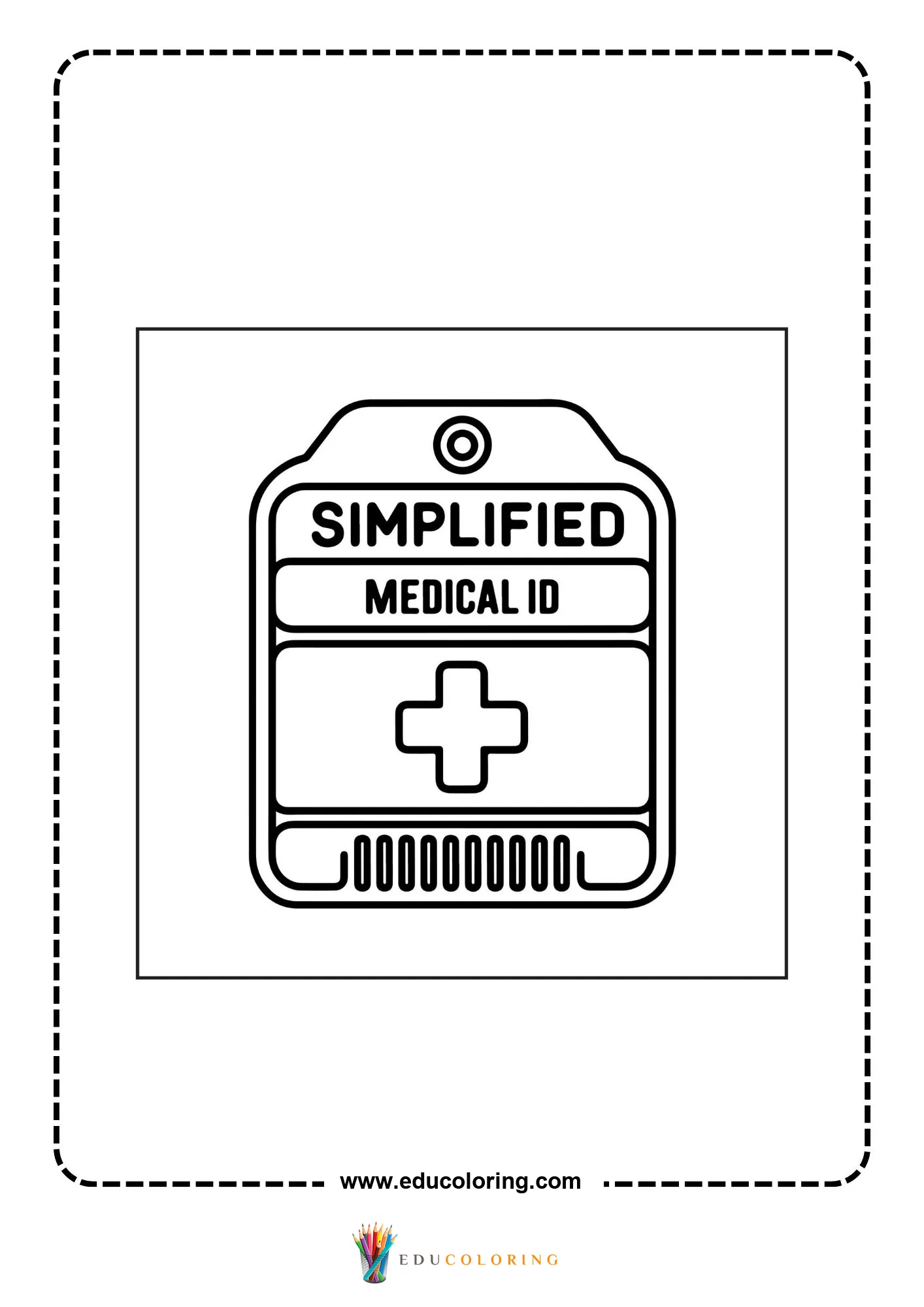 Medical coloring page with heartbeat line and medical screen